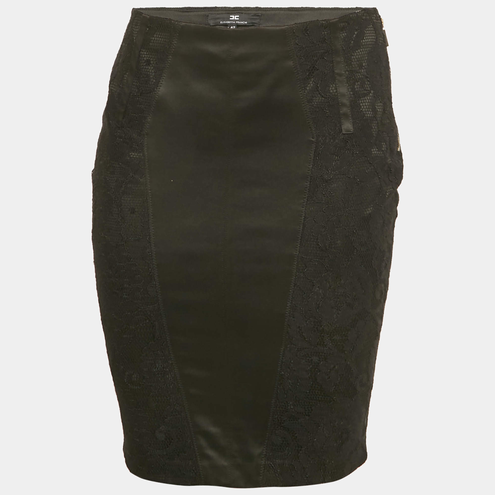 Pre Owned Elisabetta Franchi Black Satin Panel Lace Pencil Skirt M