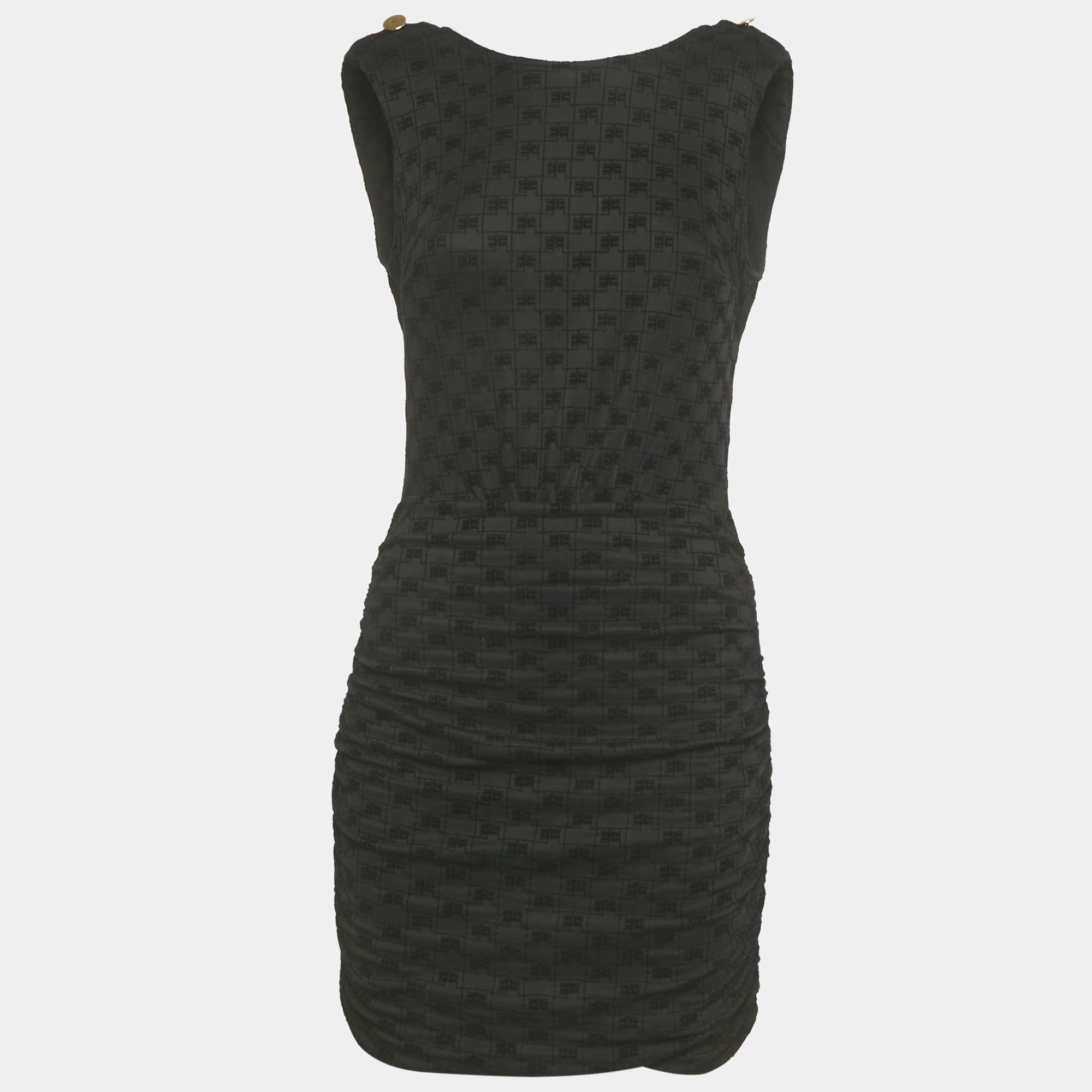 Pre Owned Elisabetta Franchi Black Monogram Jersey Chain Detail Mini Dress M