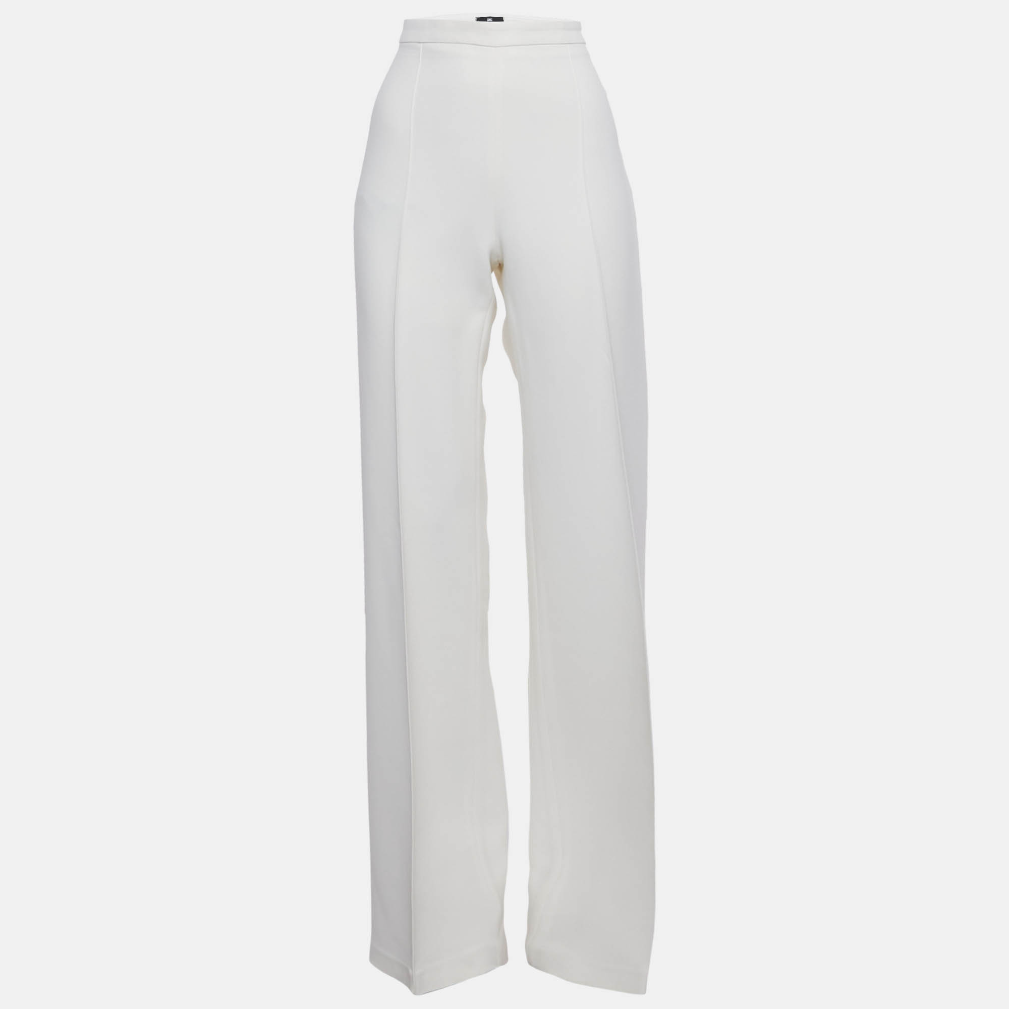 Pre Owned Elisabetta Franchi Off-White Crepe Flared Formal Trouser M