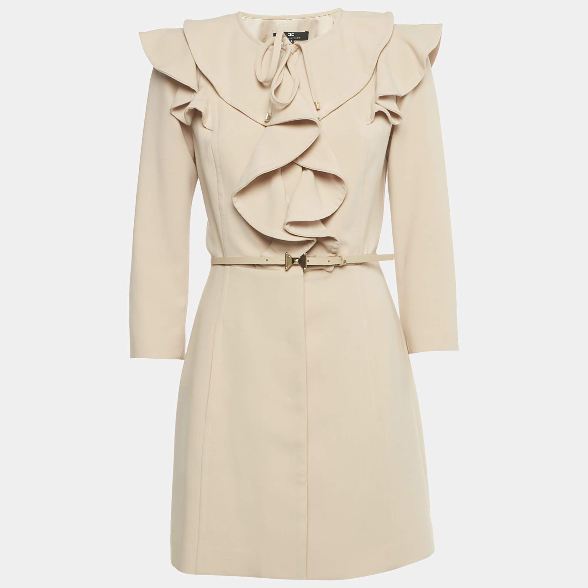 Pre Owned Elisabetta Franchi Beige Ruffled Mini Coat Dress M