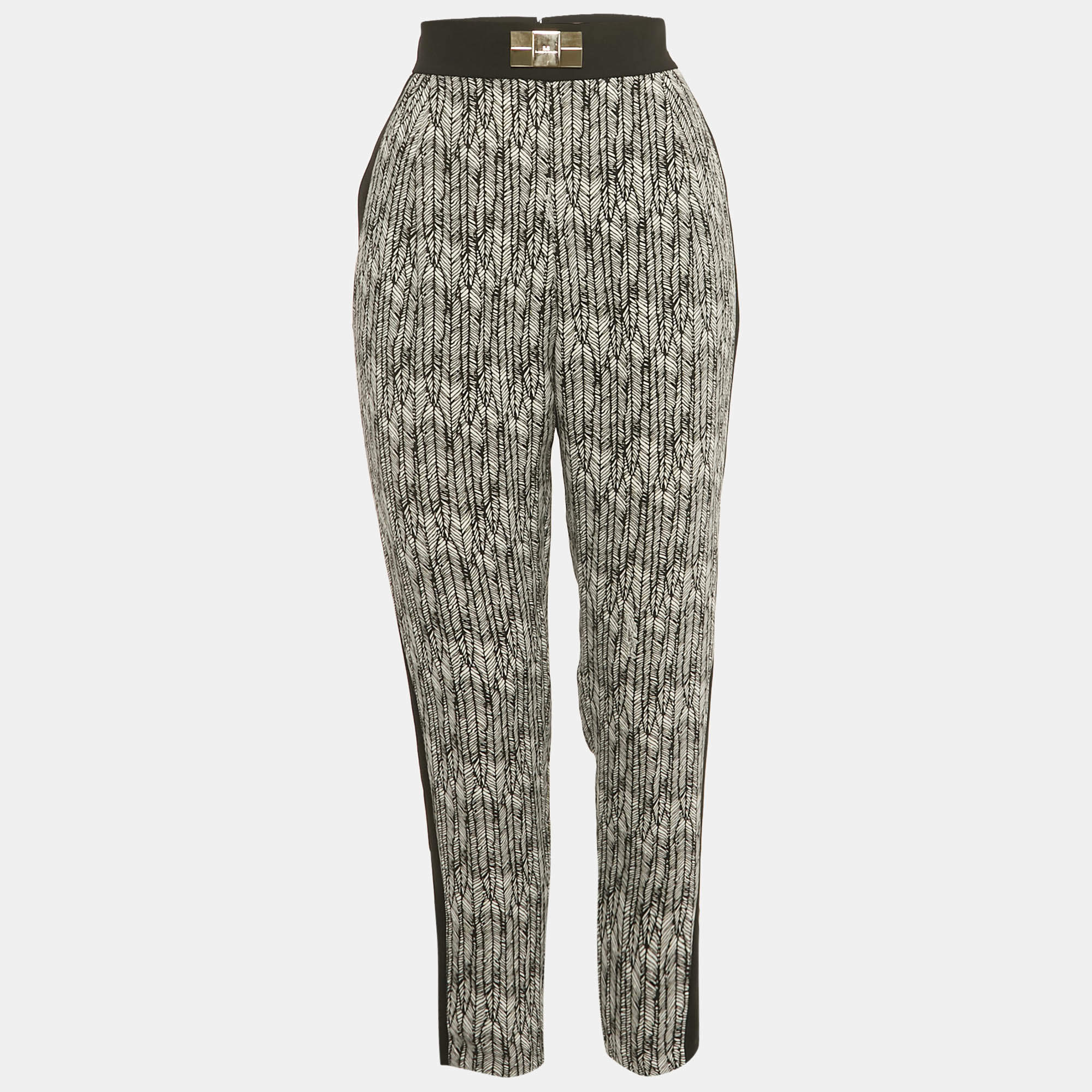 Pre Owned Elisabetta Franchi Black/White Printed Crepe Formal Trousers M