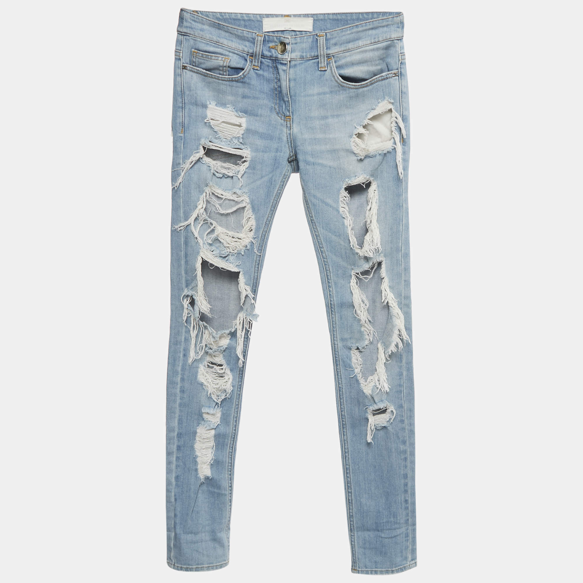 Pre Owned Elisabetta Franchi Blue Distressed Denim Skinny Jeans S Waist 28"