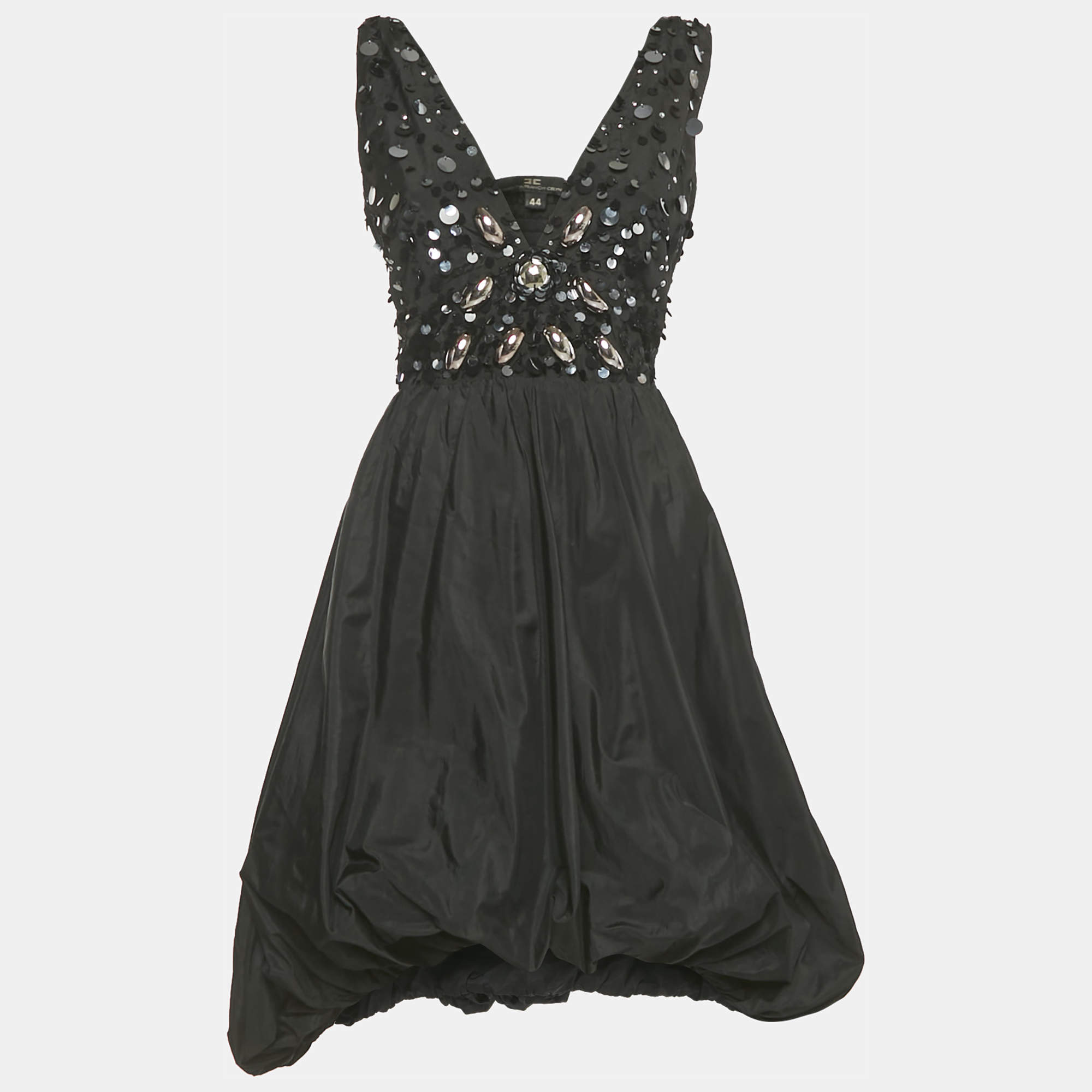 Pre Owned Elisabetta Franchi Celyn b. Black Embellished Taffeta Mini Dress M