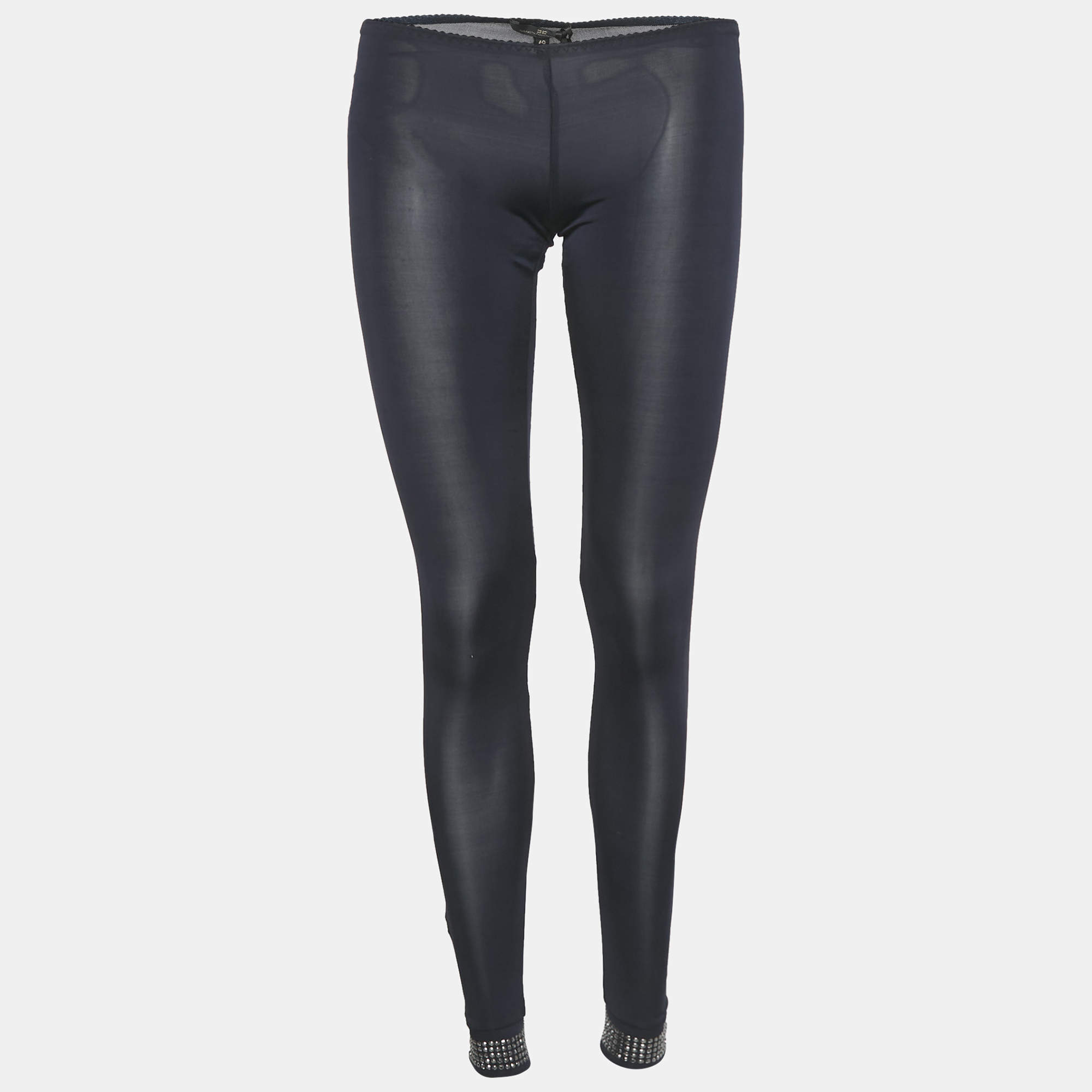 Pre Owned Elisabetta Franchi Navy Blue Jersey Studded Hem Leggings M