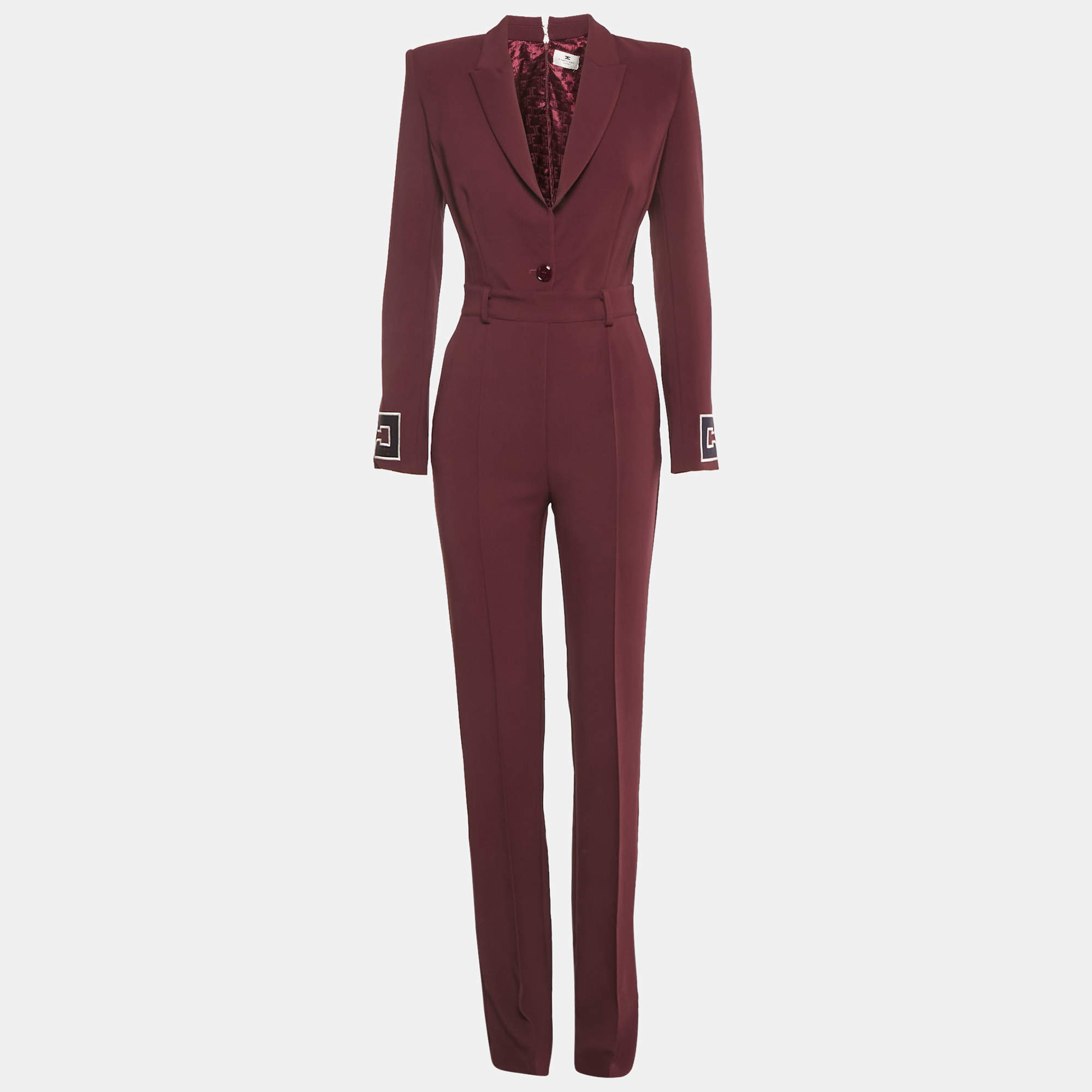 Pre Owned Elisabetta Franchi Burgundy Logo Applique Crepe Jumpsuit S