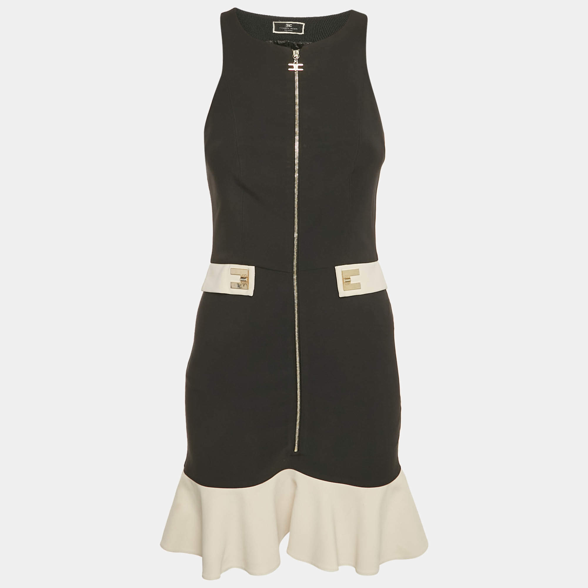 Pre Owned Elisabetta Franchi Black Crepe Logo Detail Flounced Mini Dress M 