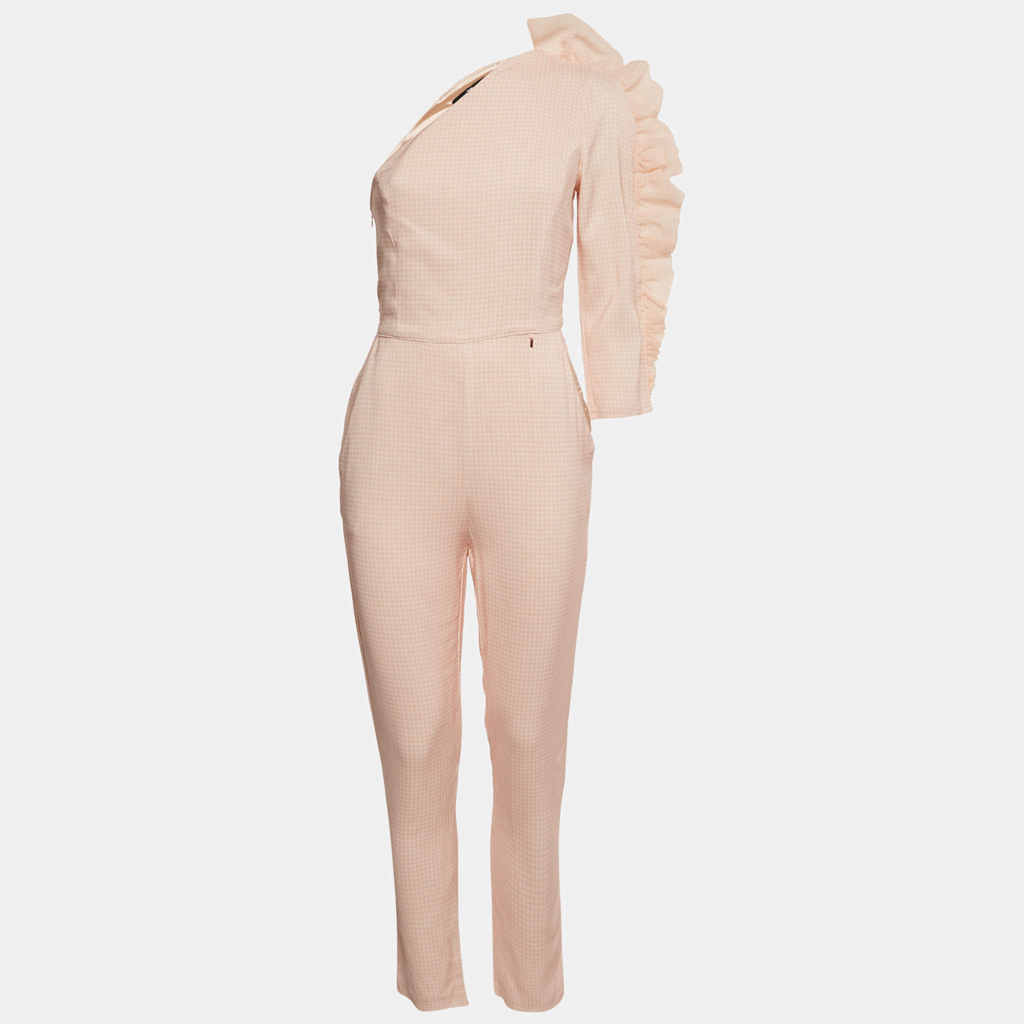 Pre Owned Elisabetta Franchi Peach Gingham Cotton Ruffled One Shoulder Jumpsuit M