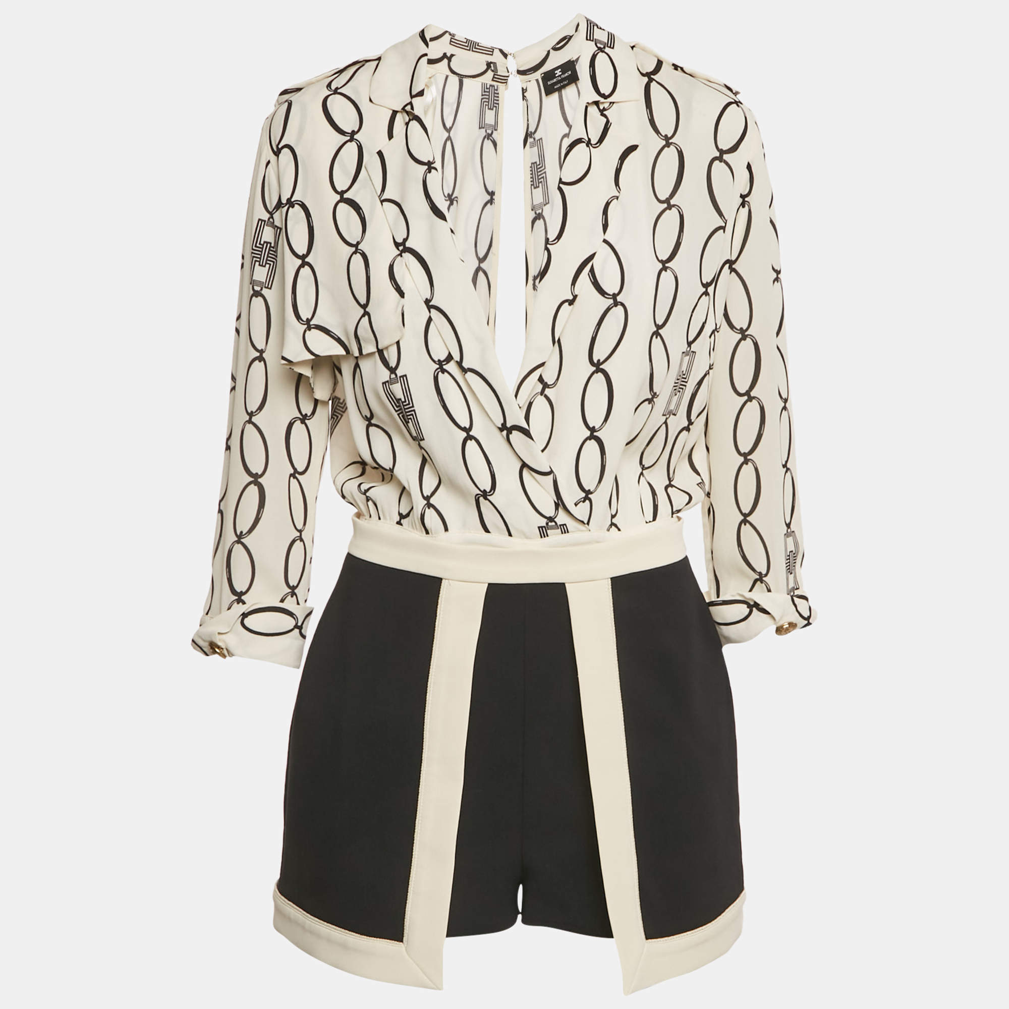 Pre Owned Elisabetta Franchi White Chain Print Crepe Detachable Top Playsuit M