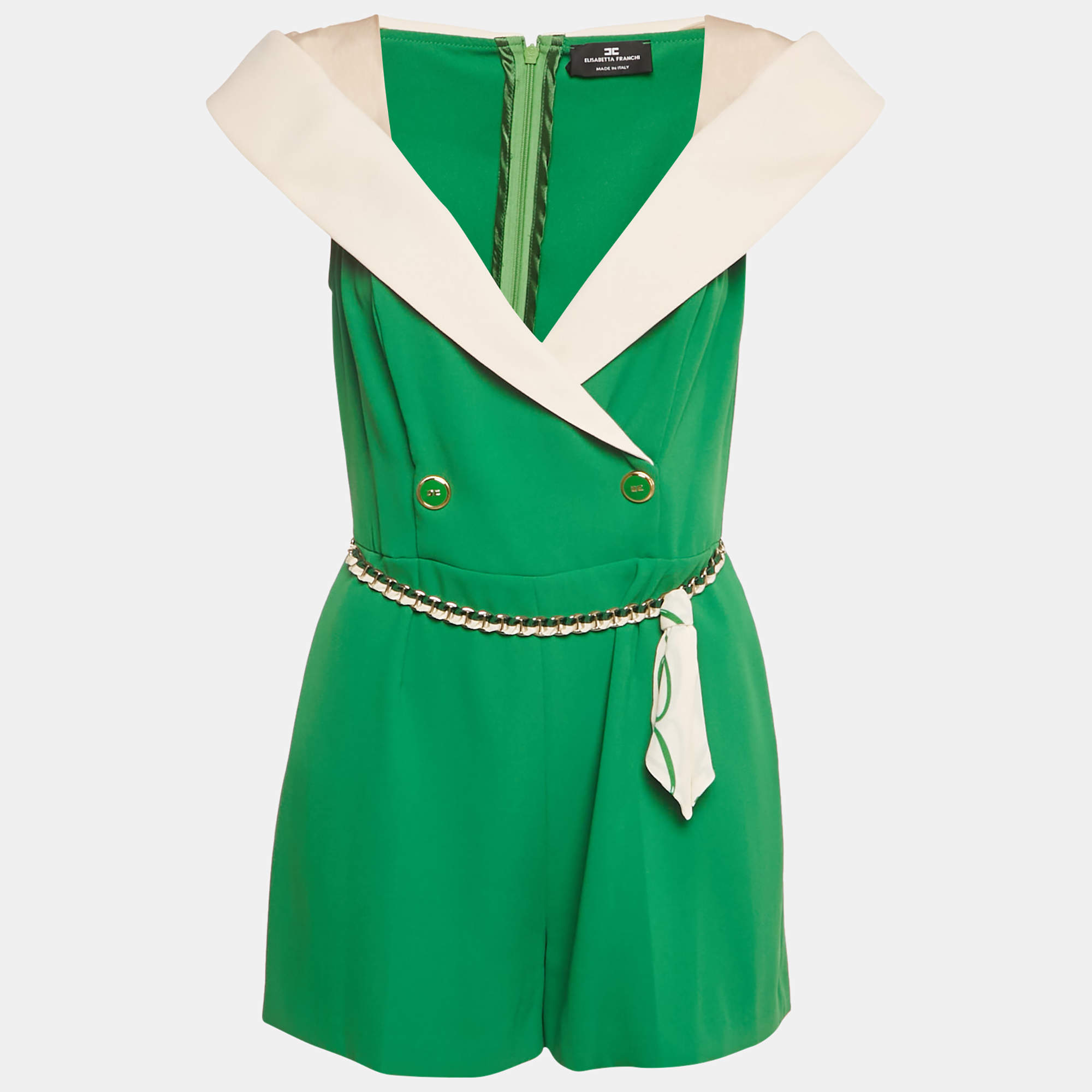 Pre Owned Elisabetta Franchi Green Crepe Off -Shoulder Belted Jumpsuit M
