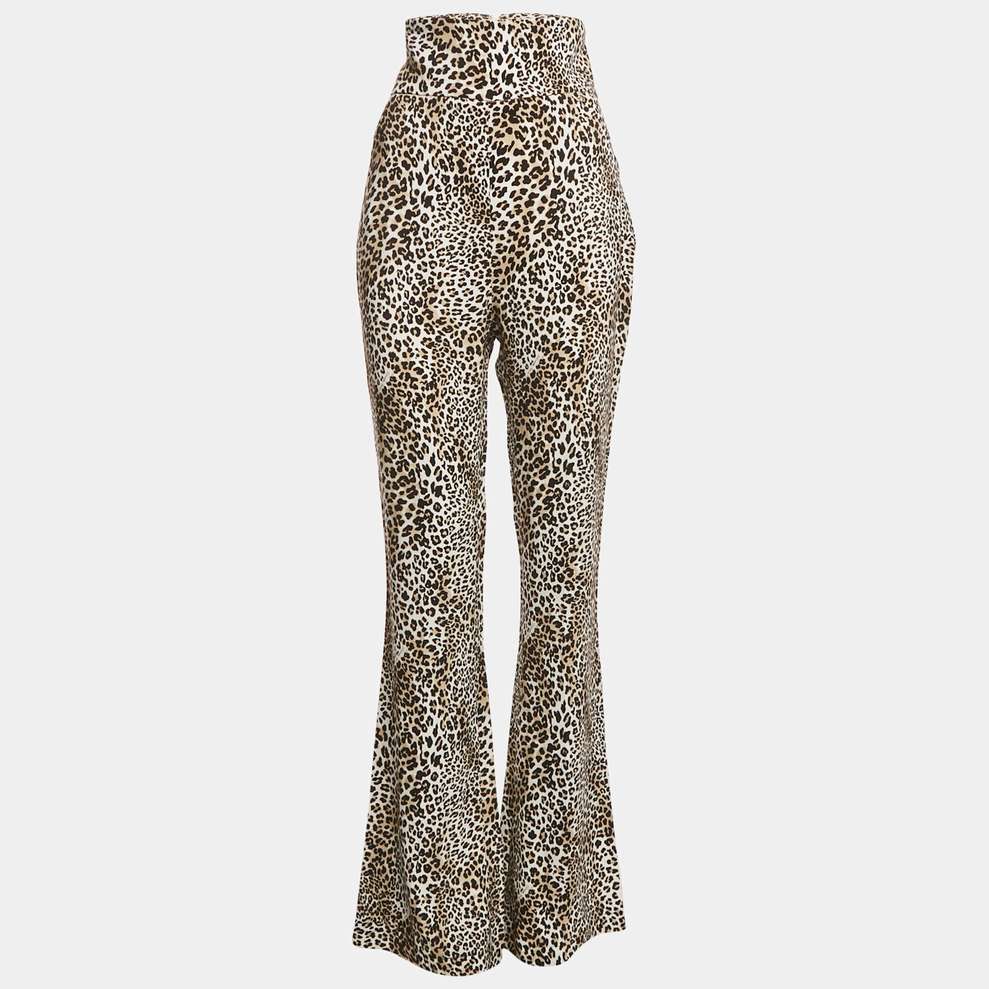 Pre Owned Elisabetta Franchi Black/Beige Leopard Print Wide Leg Trousers M