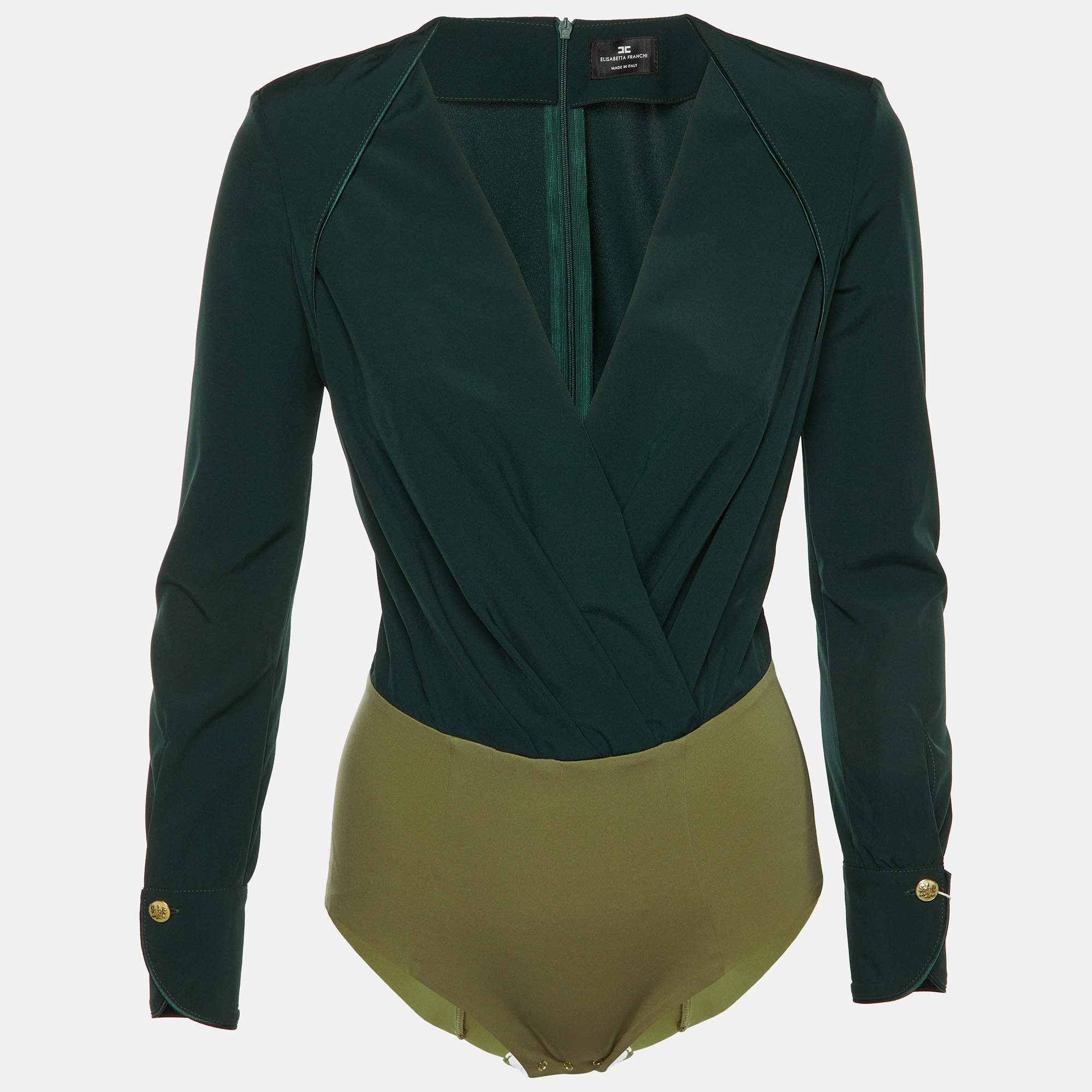Pre Owned Elisabetta Franchi Green Stretch Crepe Bodysuit Shirt M 