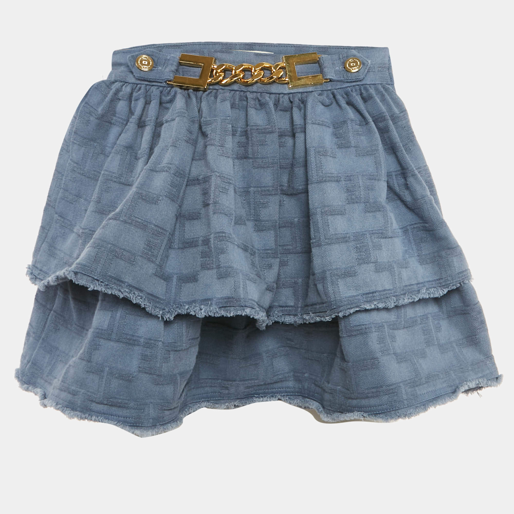 Pre Owned Elisabetta Franchi Blue Logo Pattered Cotton Layered Mini Skirt S