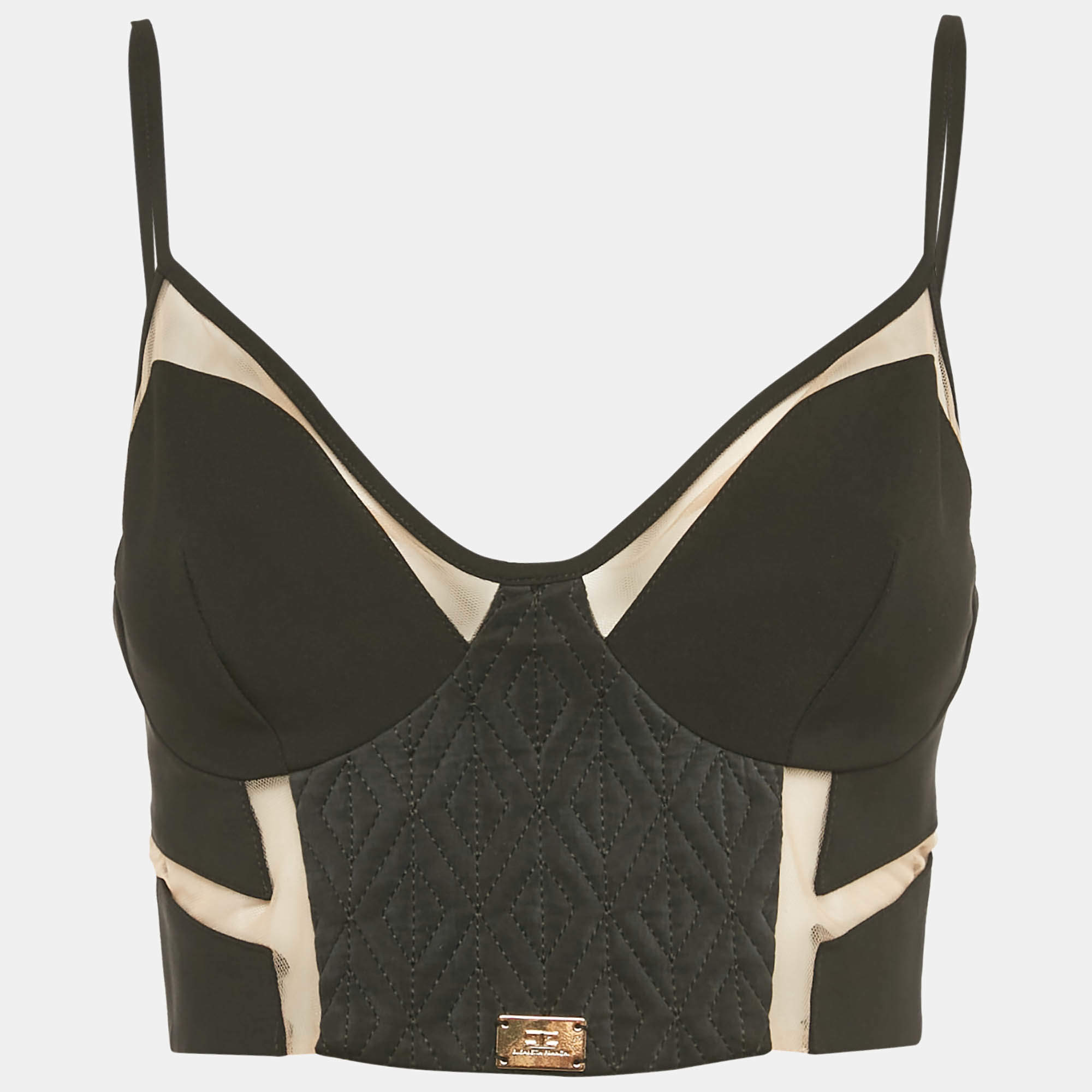 Pre Owned Elisabetta Franchi Black Crepe & Mesh Detailed Strappy Bustier Top S