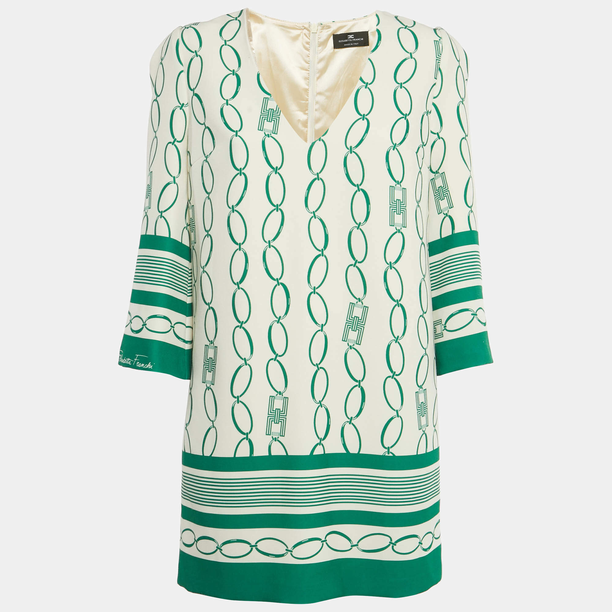 Pre Owned Elisabetta Franchi Cream Chain Print Crepe Mini Shift Dress M