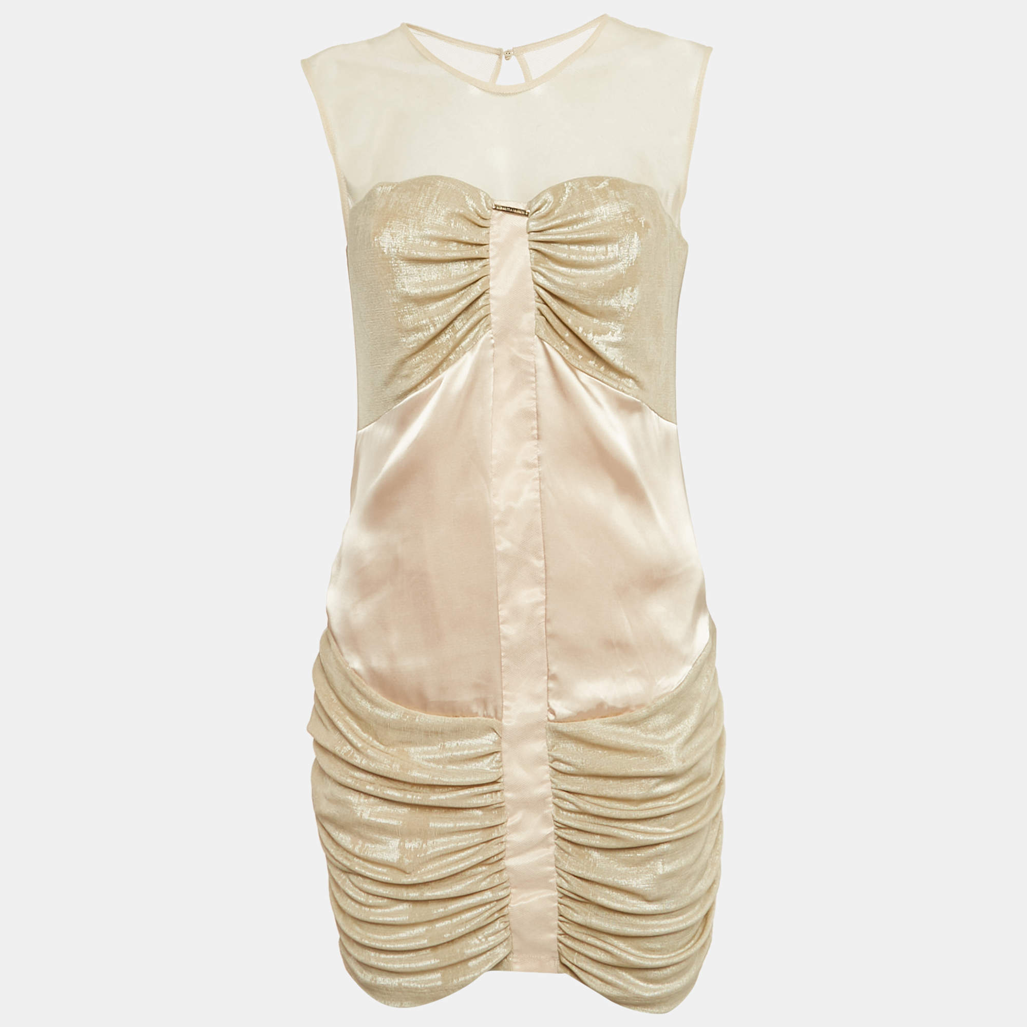 Pre Owned Elisabetta Franchi Gold Crepe Rushed Bodycon Mini Dress L