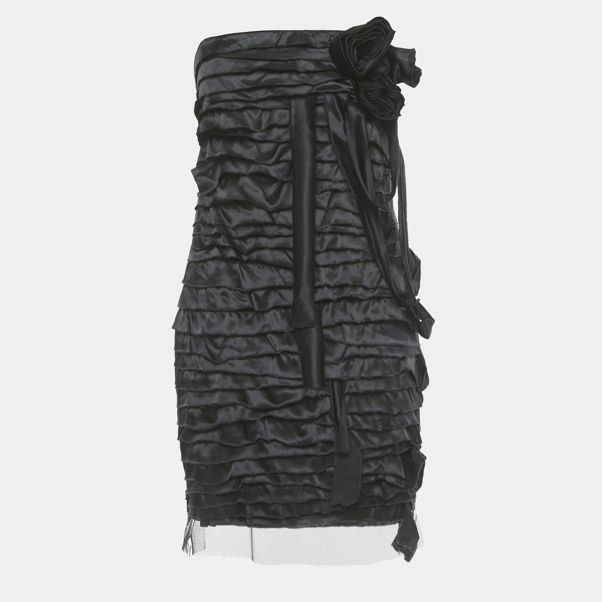 Pre Owned Elisabetta Franchi Black Silk Ribbon Detail Strapless Mini Dress L