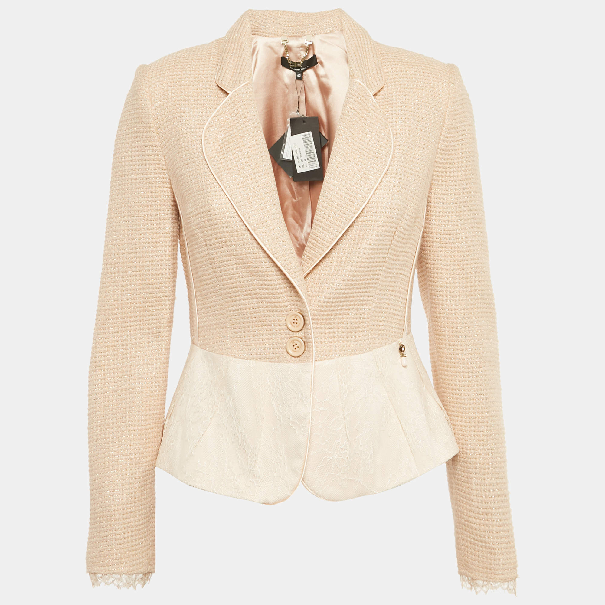 Pre Owned Elisabetta Franchi Beige Lurex Tweed Jacket M