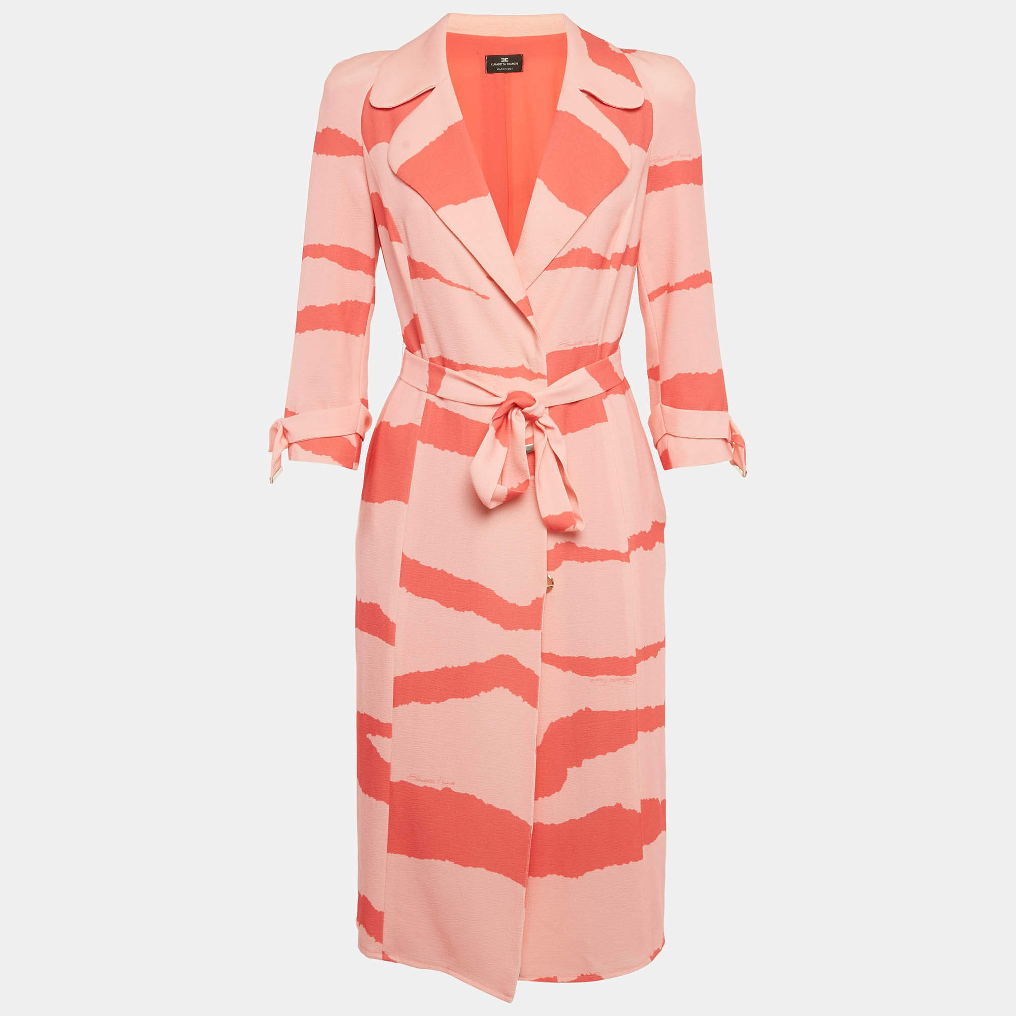 Pre Owned Elisabetta Franchi Orange/ Peach Abstract Print Crepe Belted Coat Dress S
