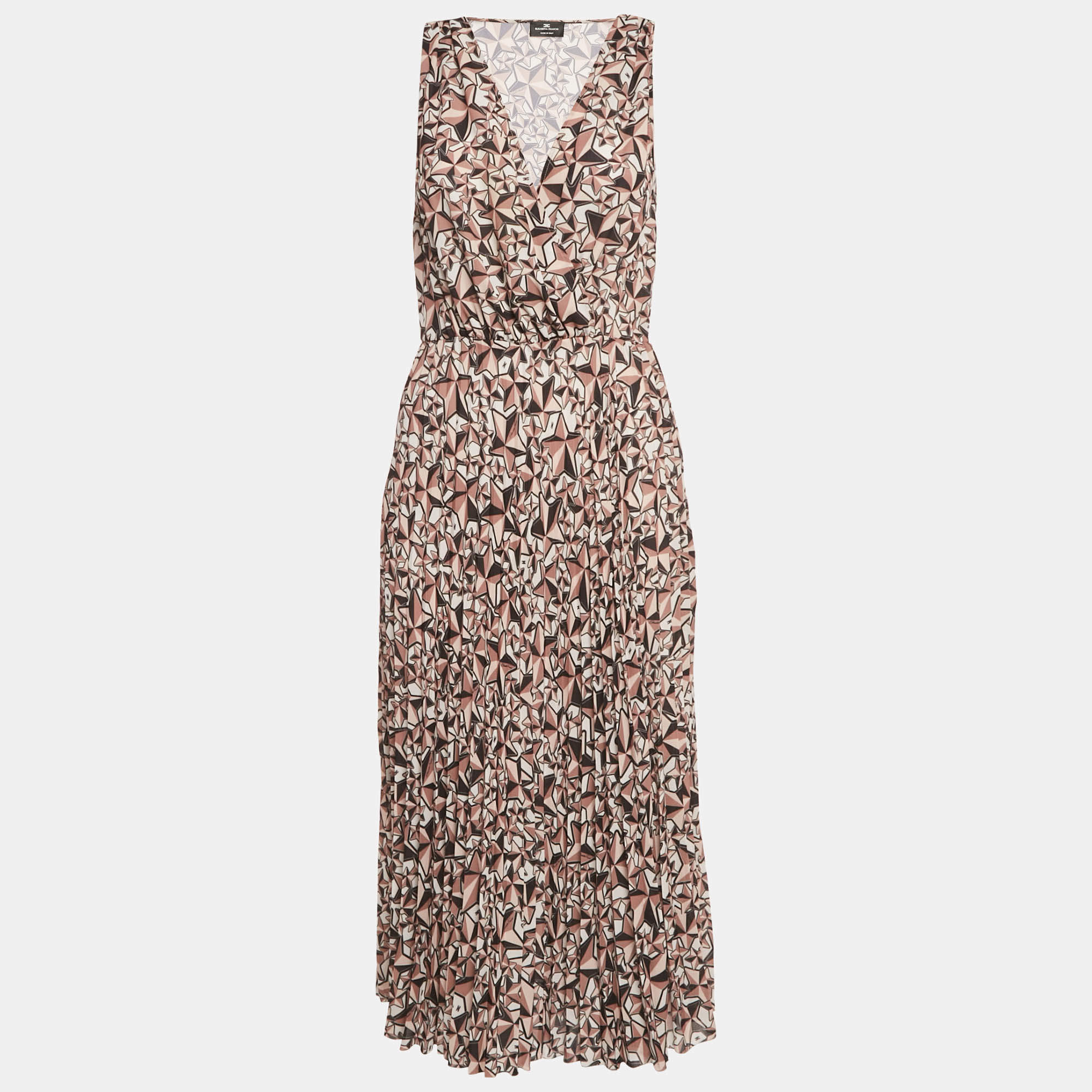Pre Owned Elisabetta Franchi Brown Printed Crepe Pleat Detail Midi Dress M