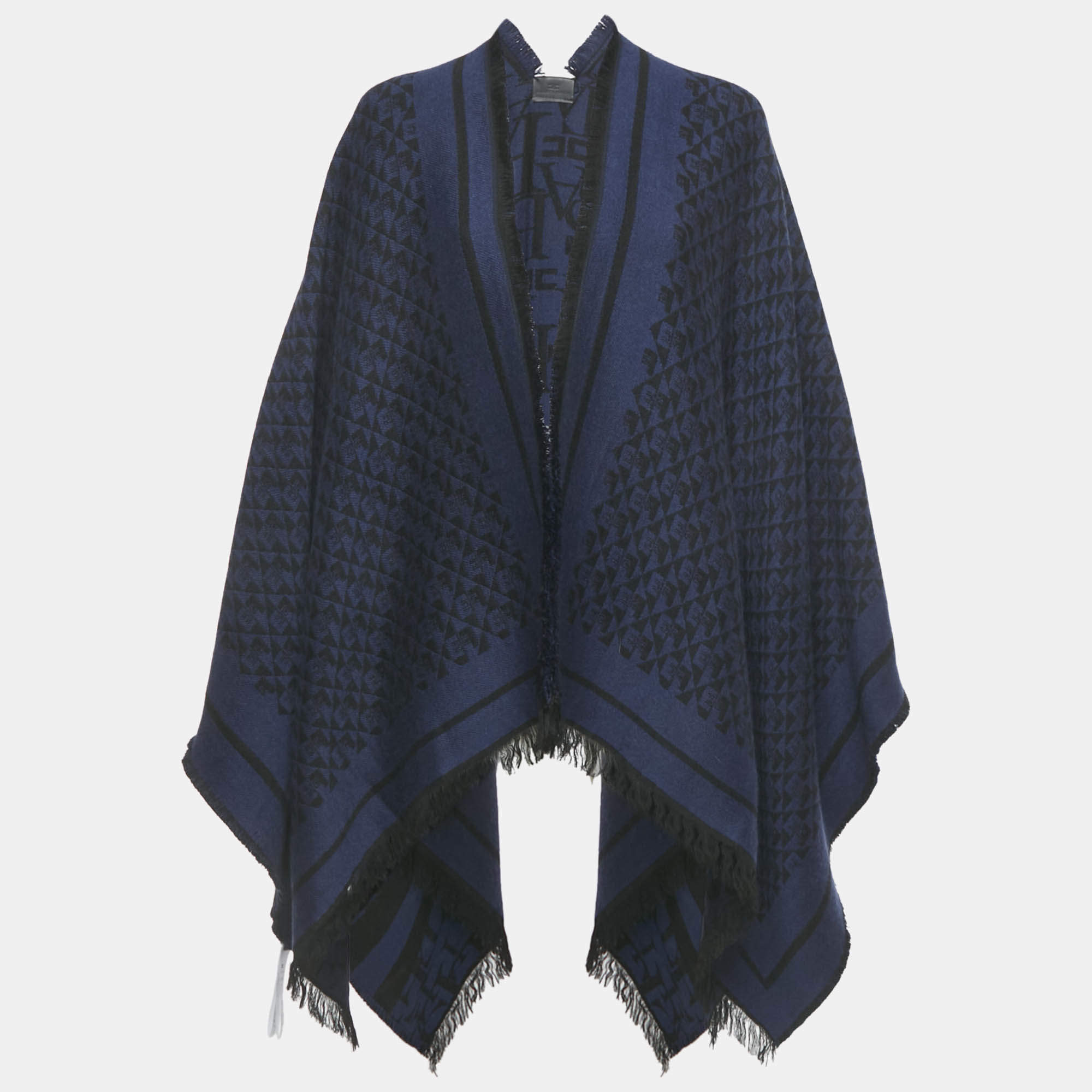 Pre Owned Elisabetta Franchi Black /Blue Lettering Intarsia Wool Blend Fringed Cape One Size