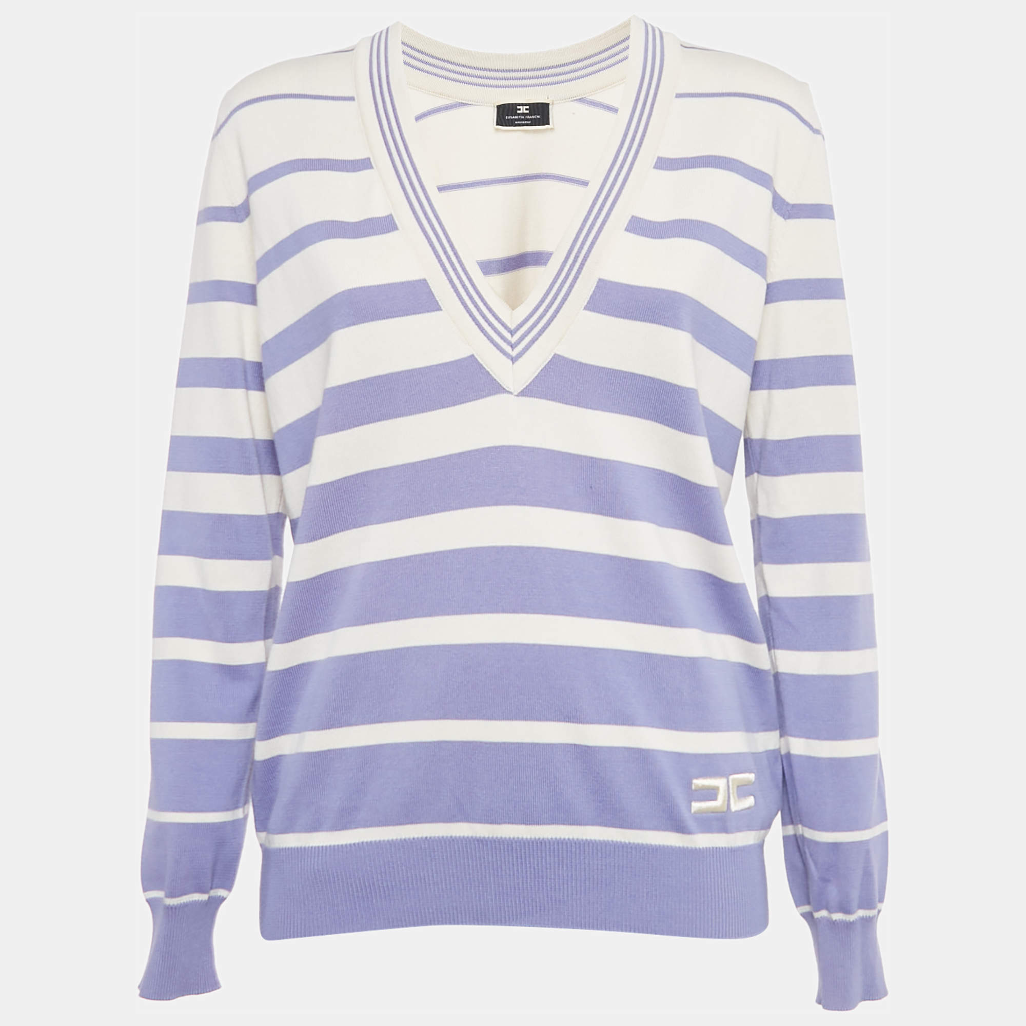 Pre Owned Elisabetta Franchi Purple Stripe Cotton V-Neck Sweater M