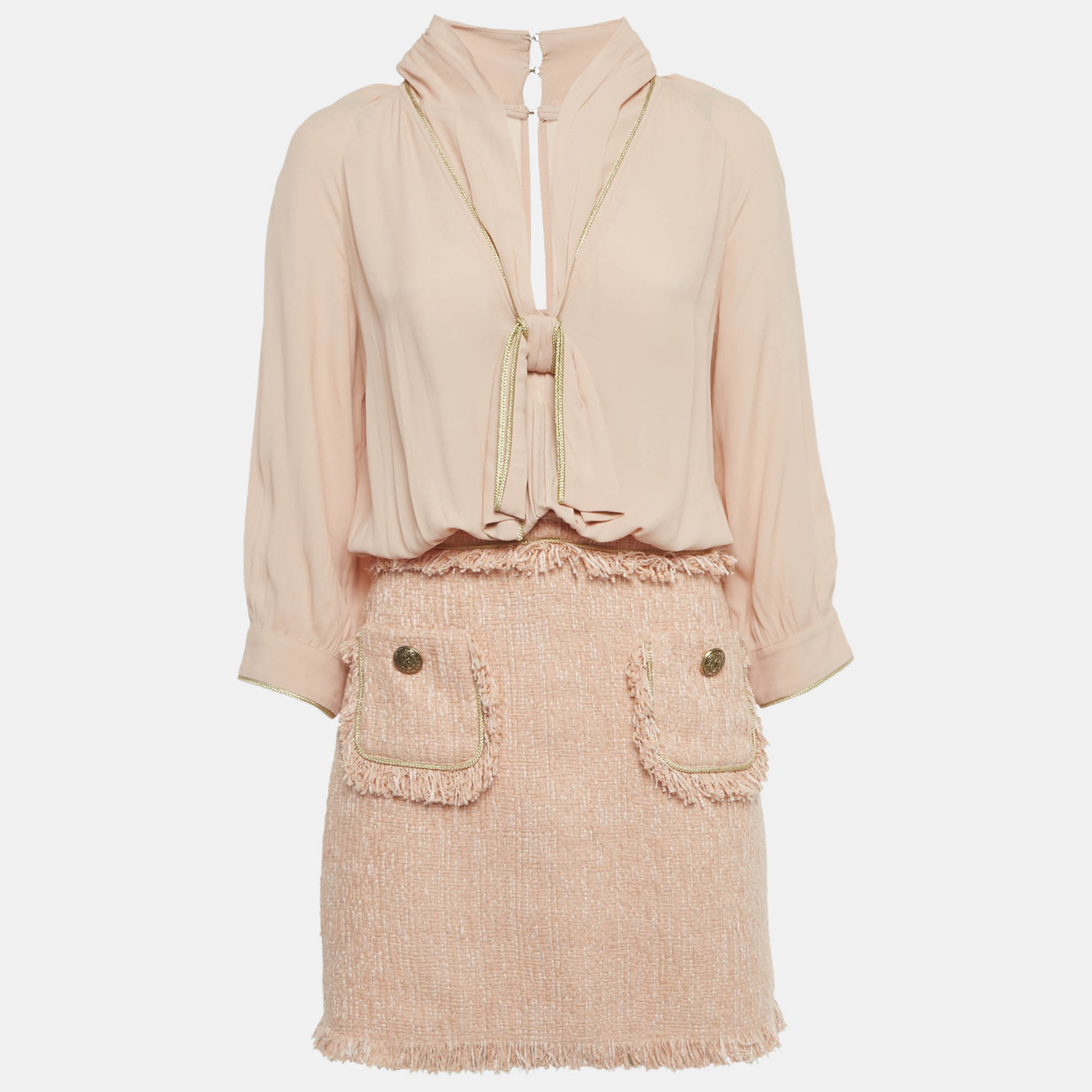 Pre Owned Elisabetta Franchi Light Orange/ Peach Crepe and Tweed Detachable Blouse Mini Dress M