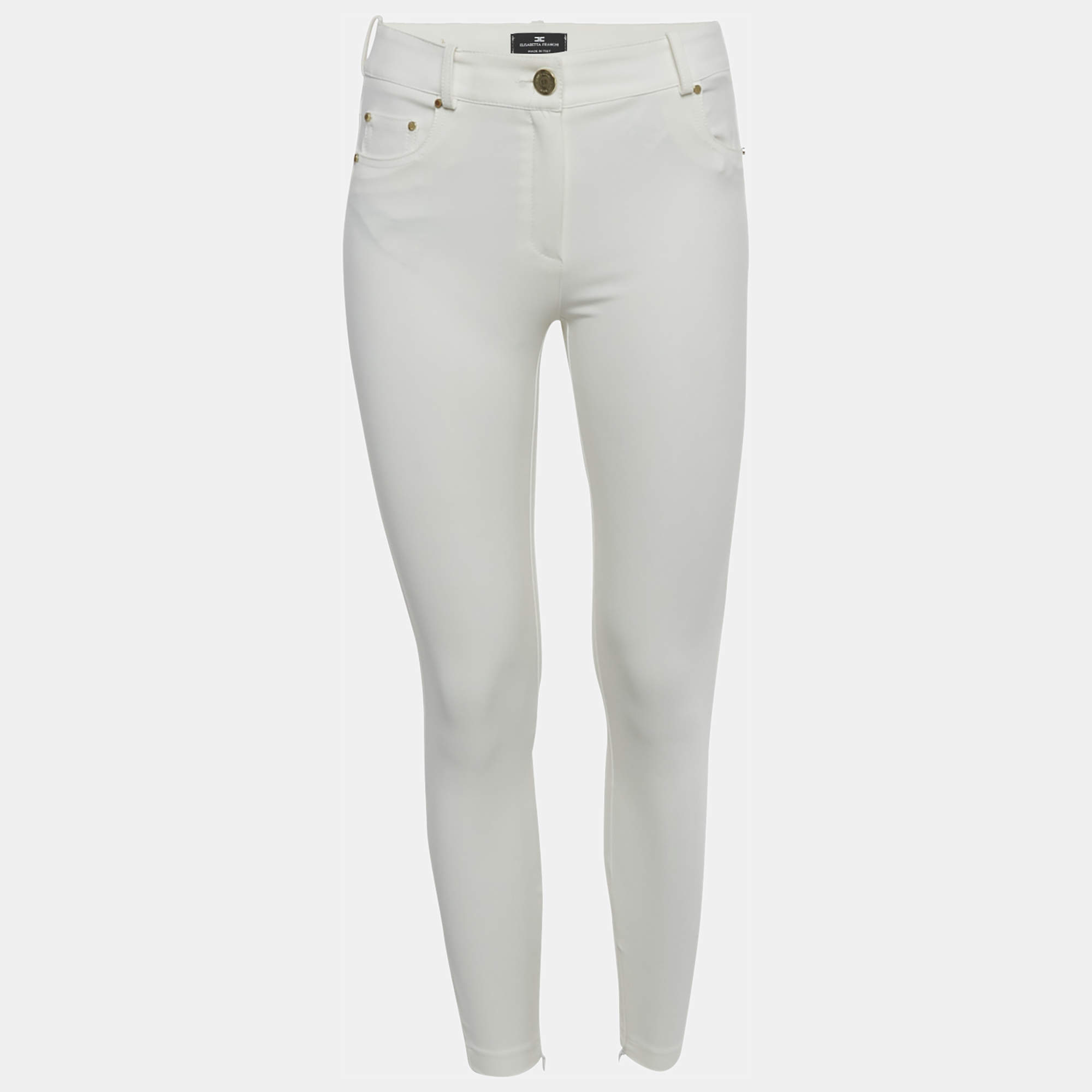 Pre Owned Elisabetta Franchi White Nylon Slim Fit Trousers M