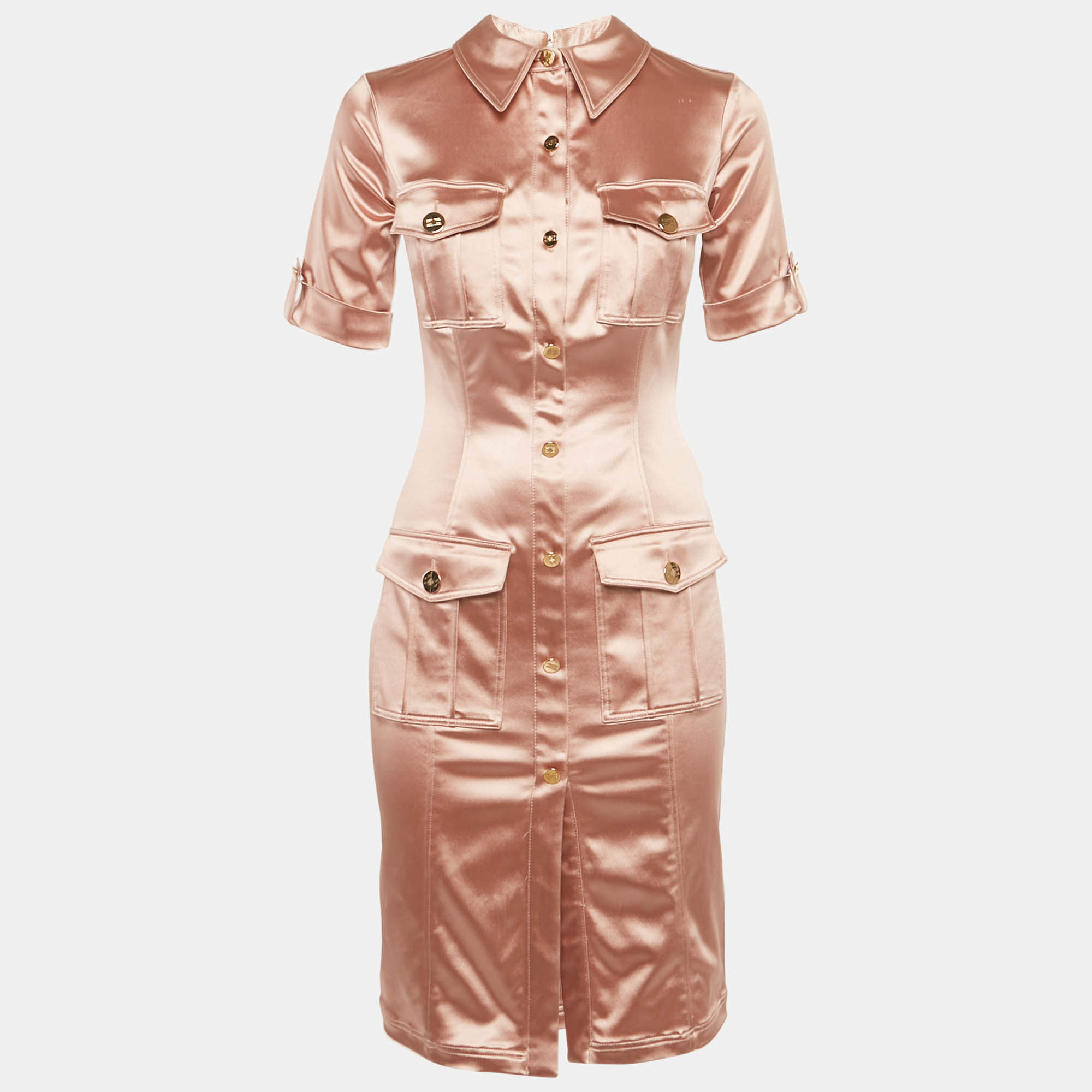 Pre Owned Elisabetta Franchi Pink Satin Button Front Mini Shirt Dress M