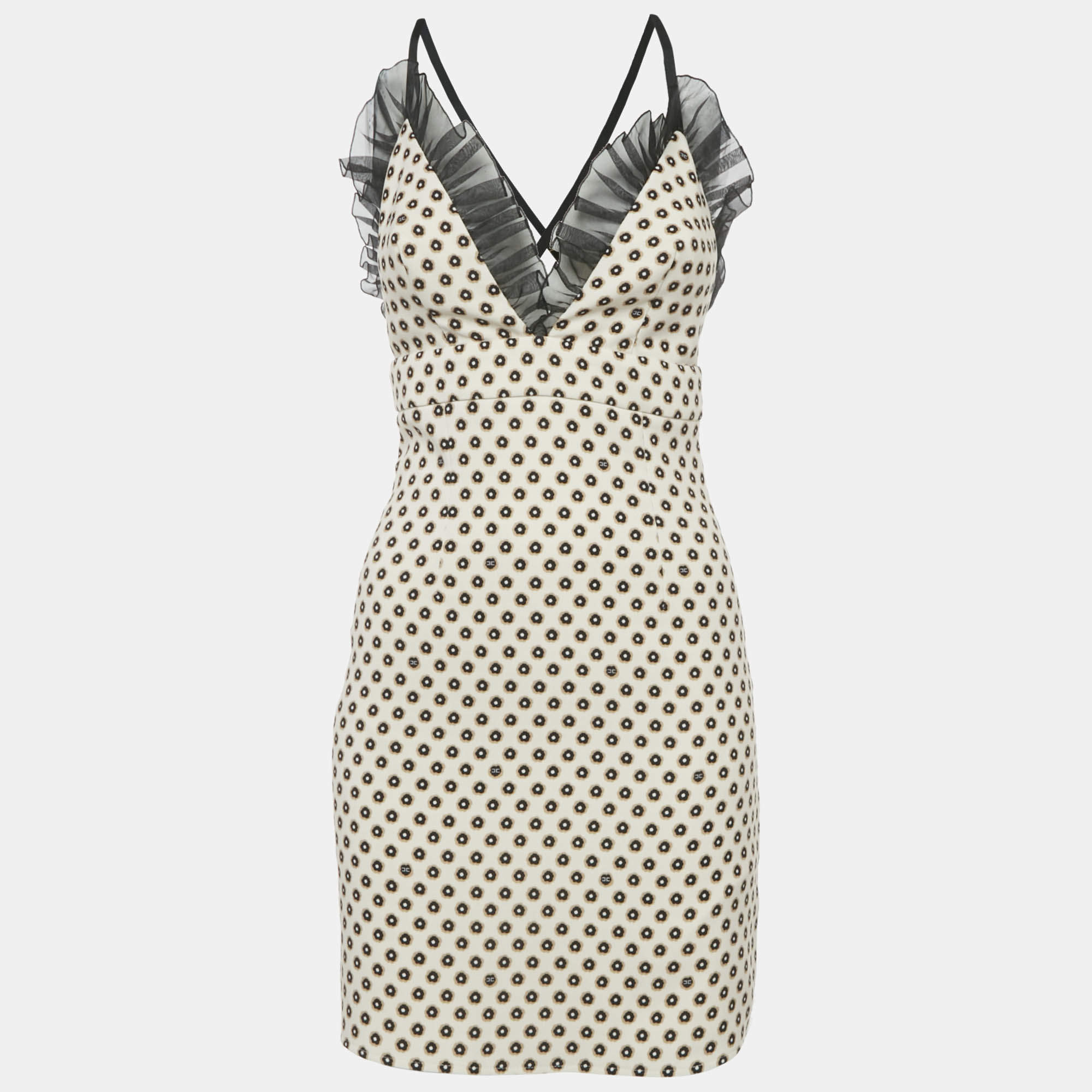 Pre Owned Elisabetta Franchi Cream Floral Print Crepe Ruffled Sleeveless Mini Dress S