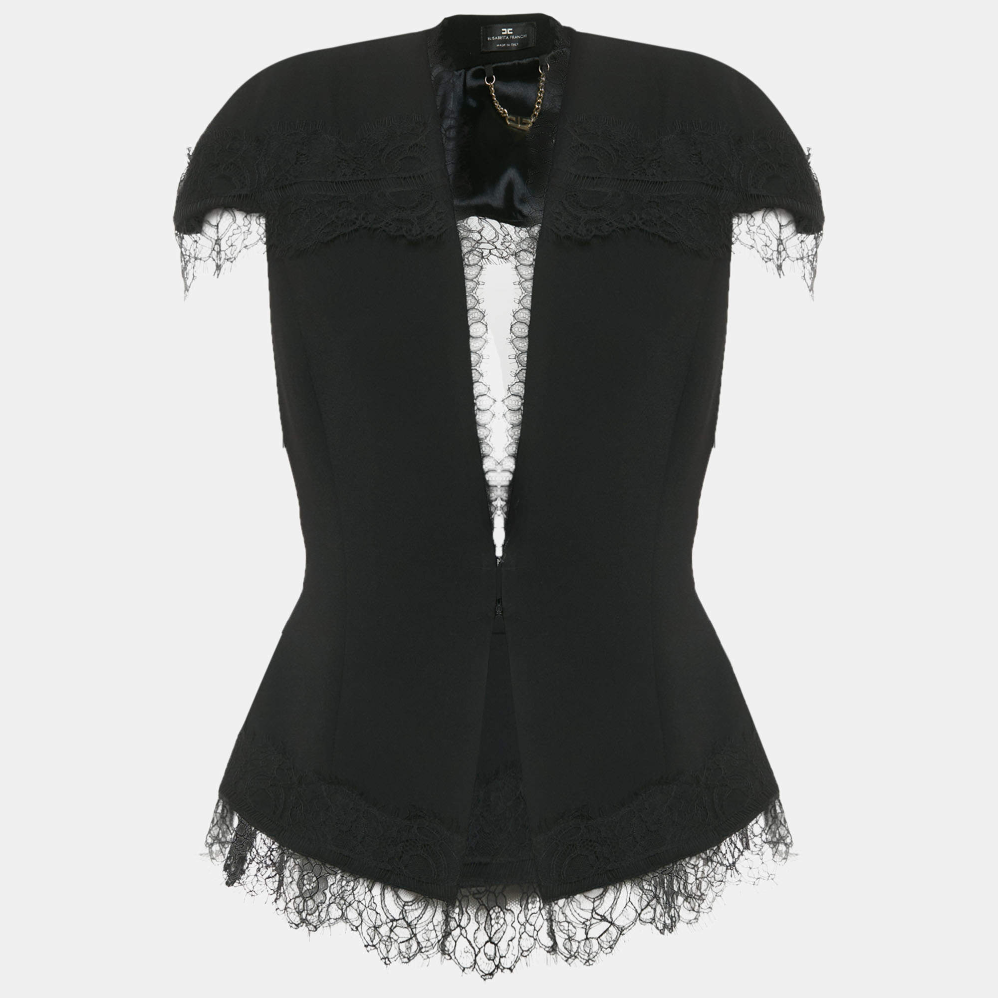 Pre Owned Elisabetta Franchi Black Crepe Lace Detail Cut-Out Top L