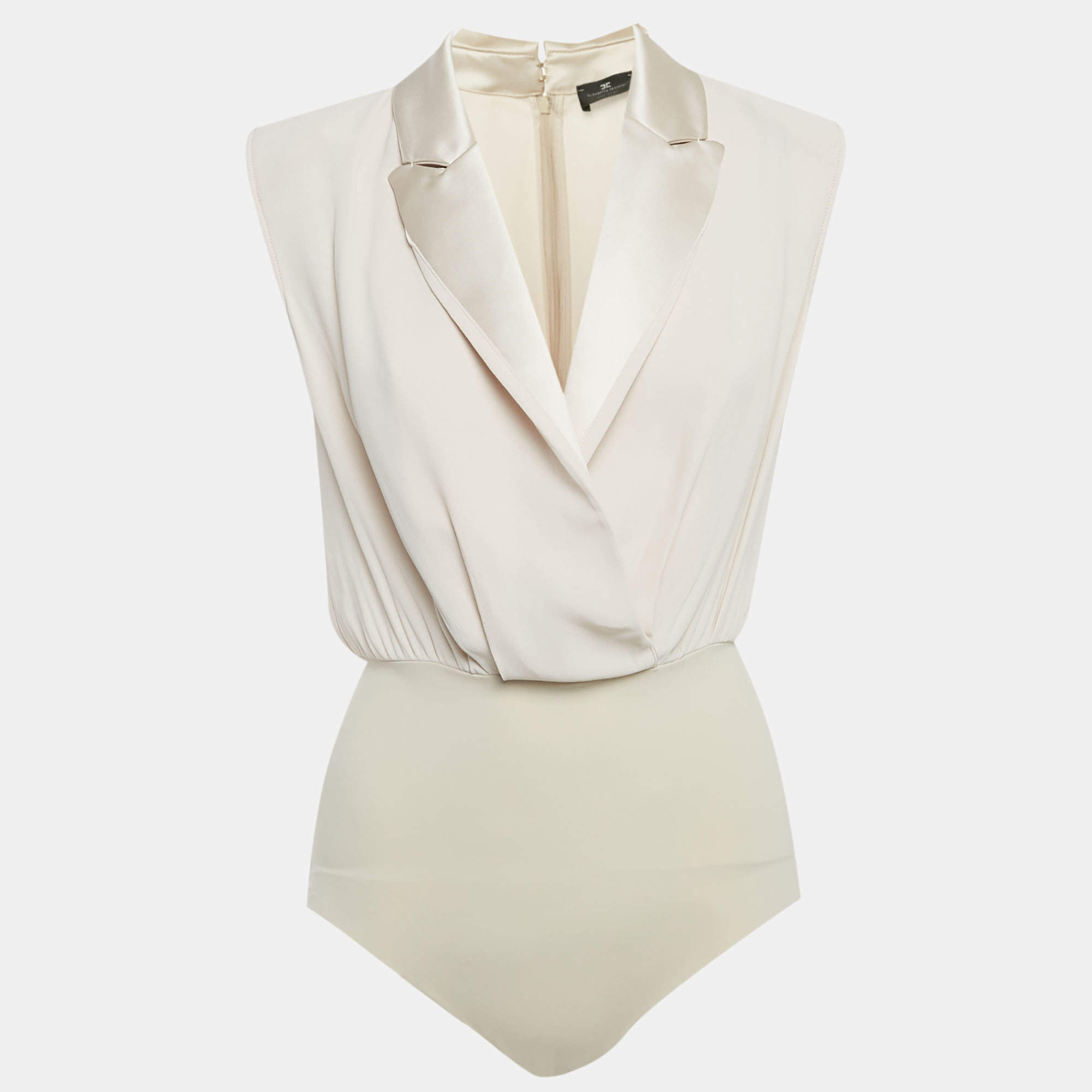 Pre Owned Elisabetta Franchi Beige Crepe Structured Shoulder Bodysuit M