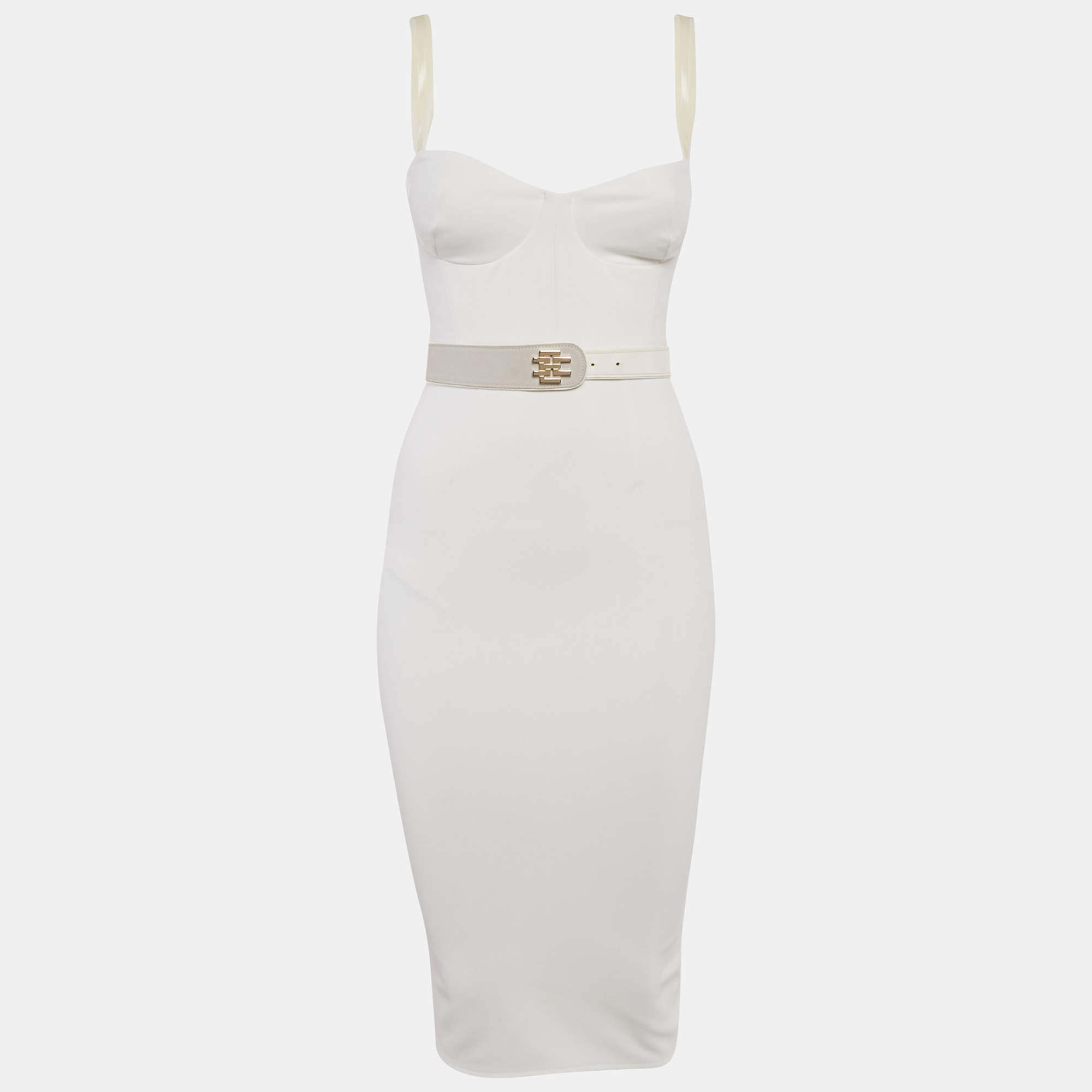 Pre Owned Elisabetta Franchi White Crepe Belted Midi Dress S