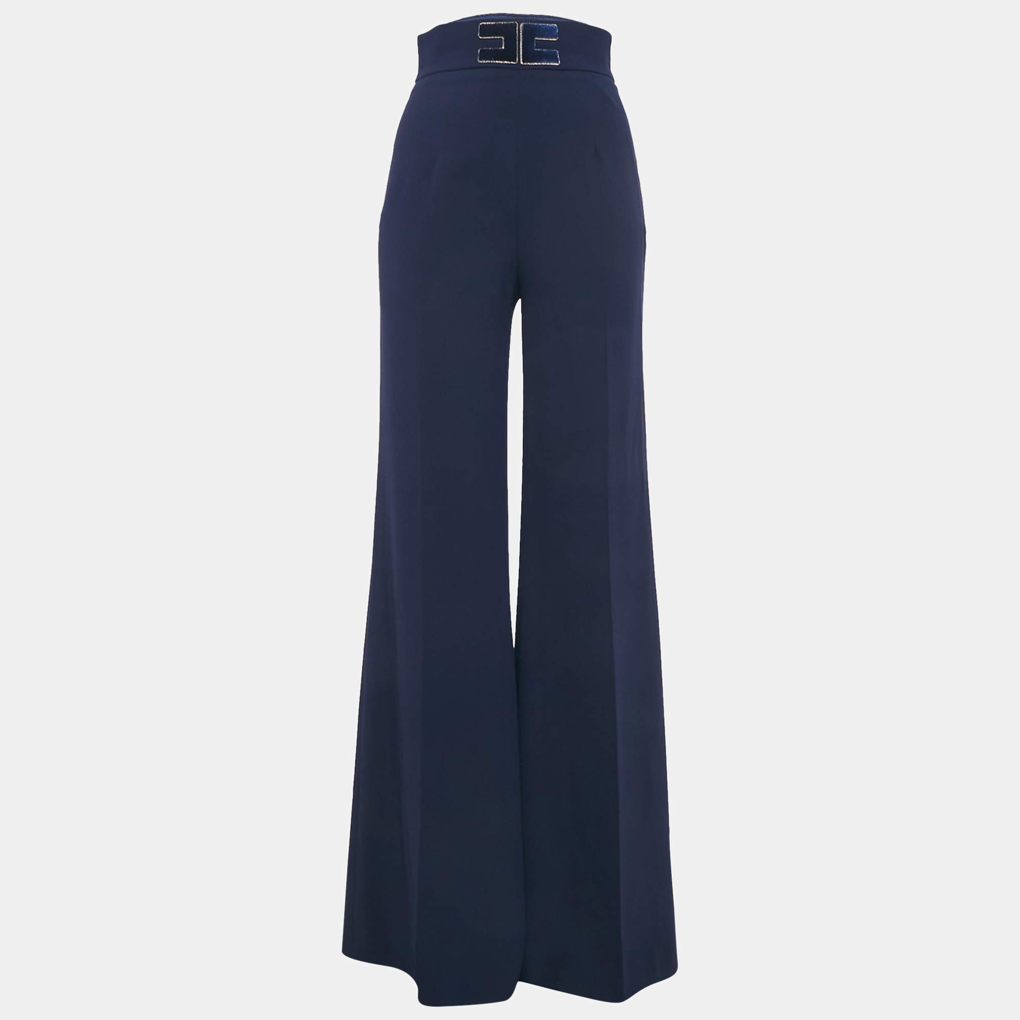 Pre Owned Elisabetta Franchi Navy Blue Crepe High Rise Flared Trousers M