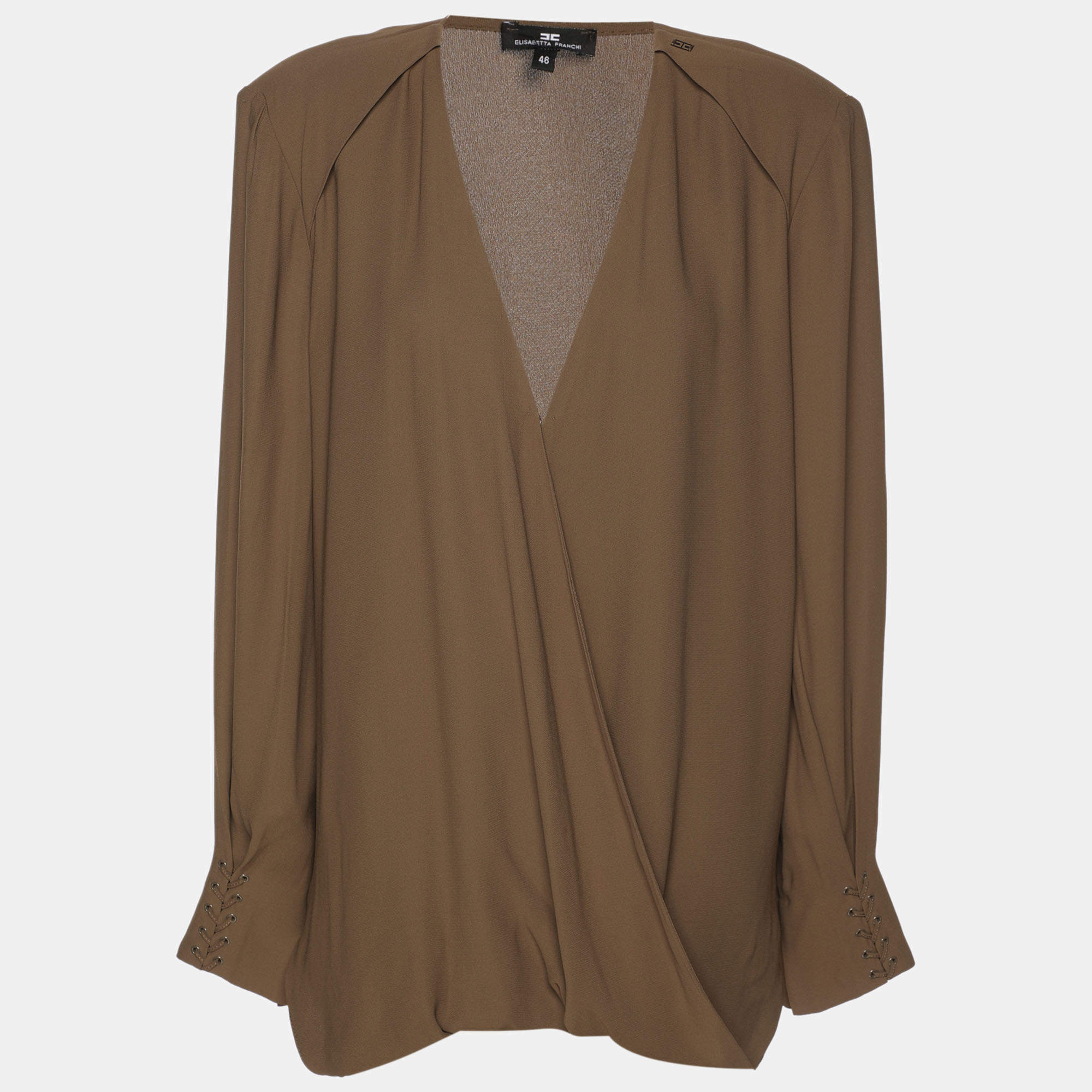 Pre Owned Elisabetta Franchi Khaki Crepe Camicia Blouse L