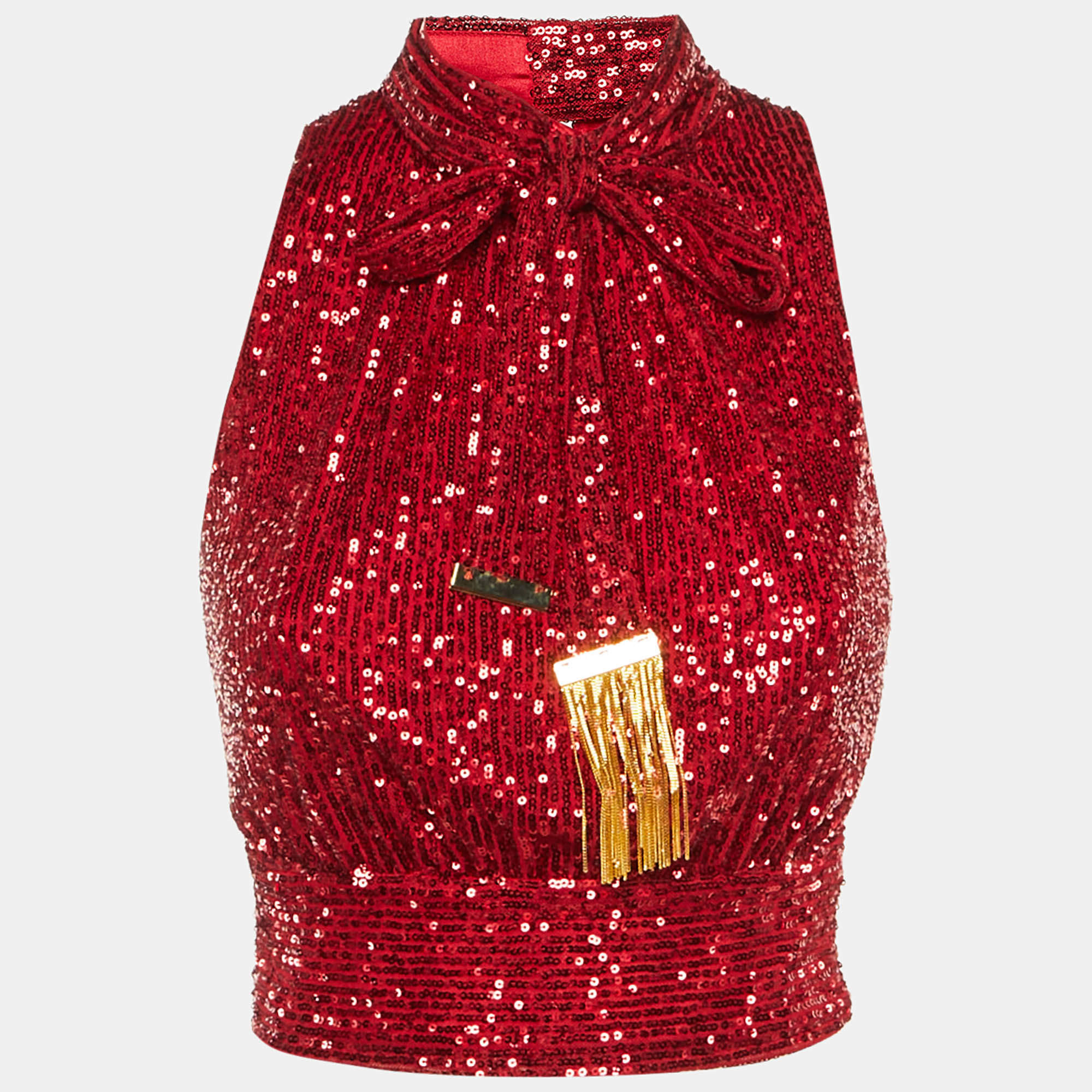 Pre Owned Elisabetta Franchi Red Sequin Halter Neck Scarf Detail Crop Top M