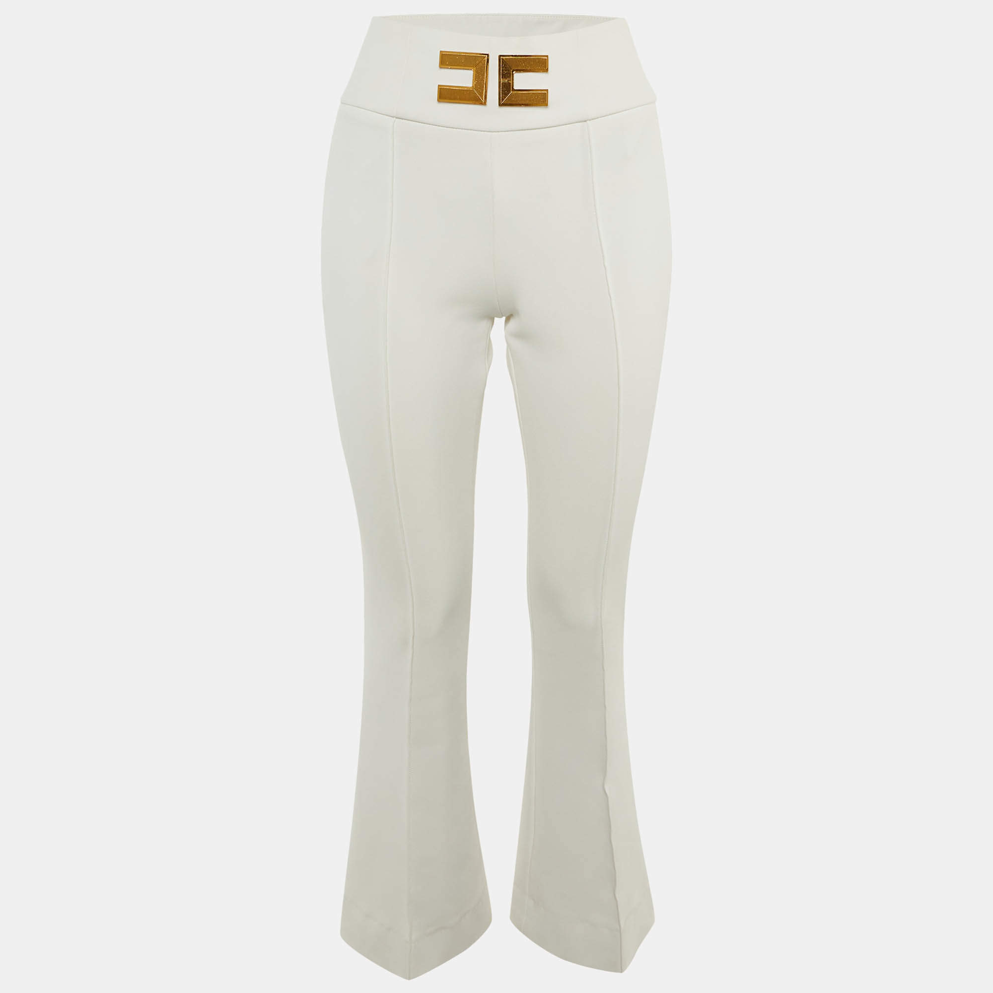 Pre Owned Elisabetta Franchi White Crepe Logo Flared Trousers S