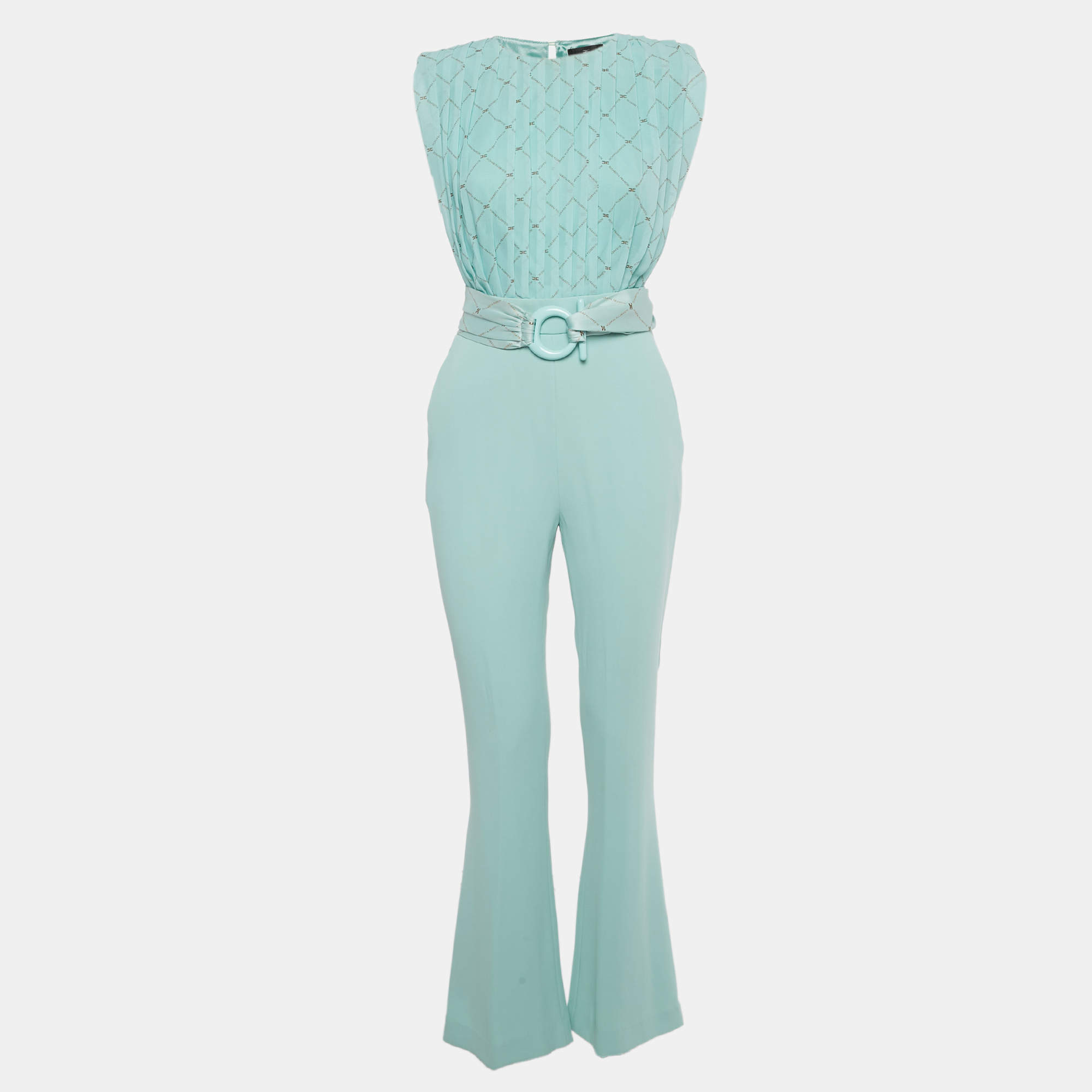 Pre Owned Elisabetta Franchi Blue Logo Print Chiffon and Crepe Jumpsuit S