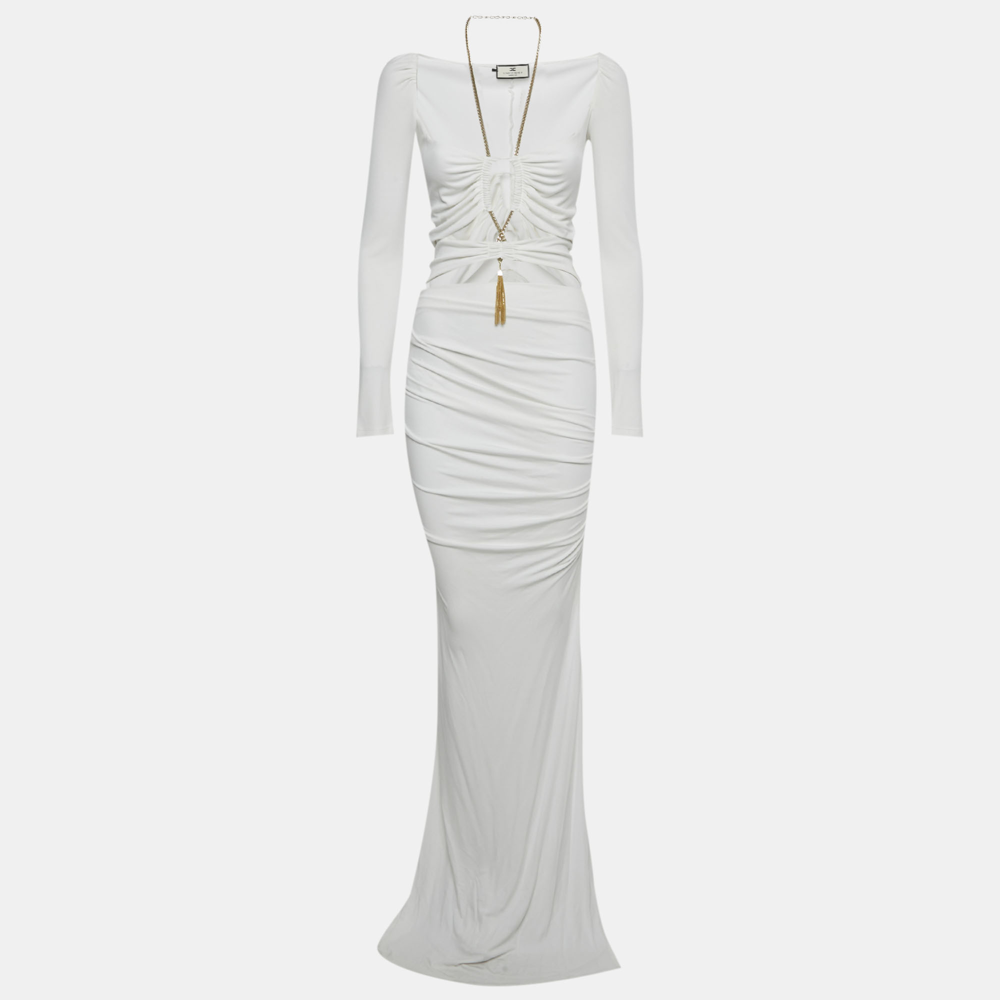 Pre Owned Elisabetta Franchi White Jersey Cut -Out Chain Detail Maxi Dress S 