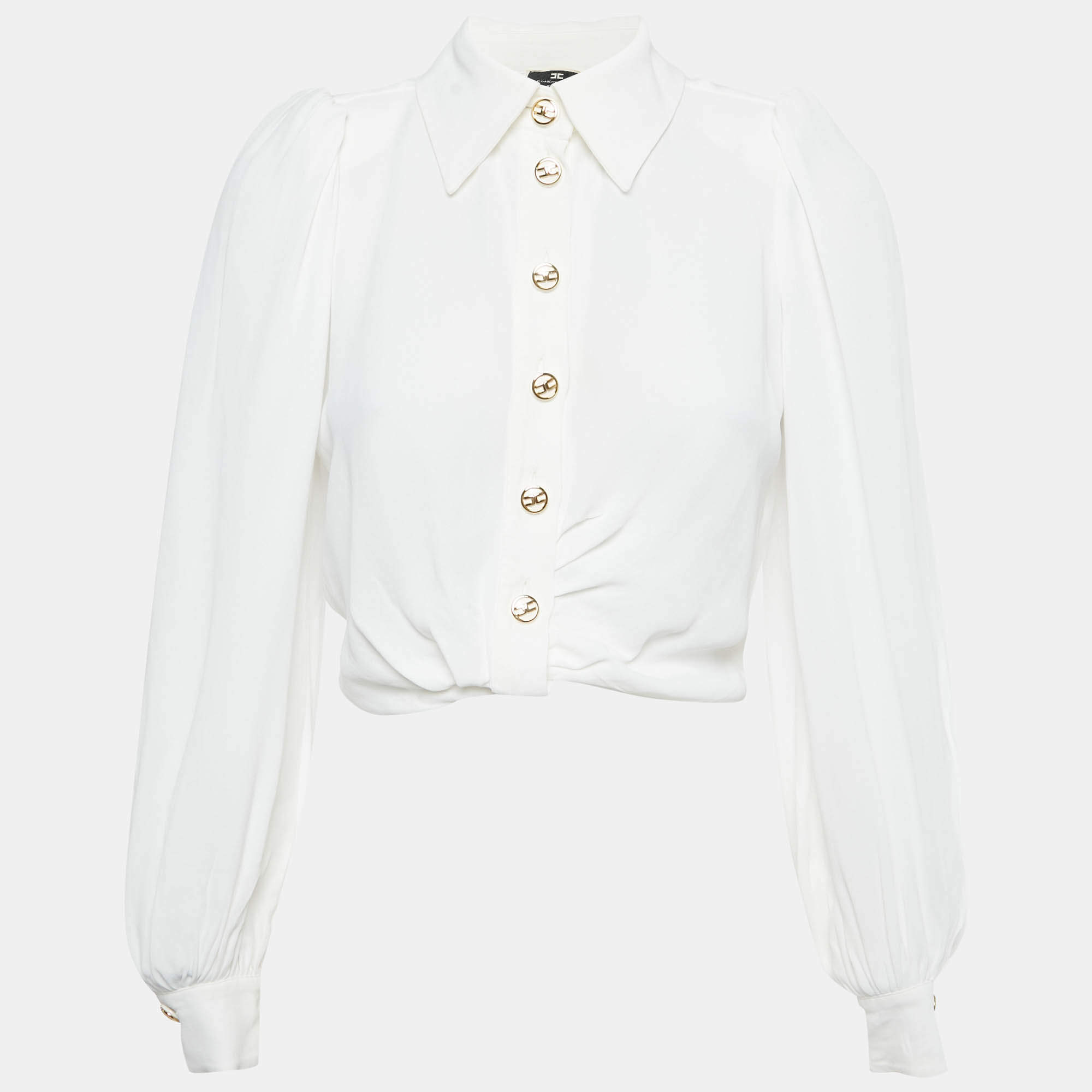 Pre Owned Elisabetta Franchi White Crepe Knot Detail Cropped Blouse S