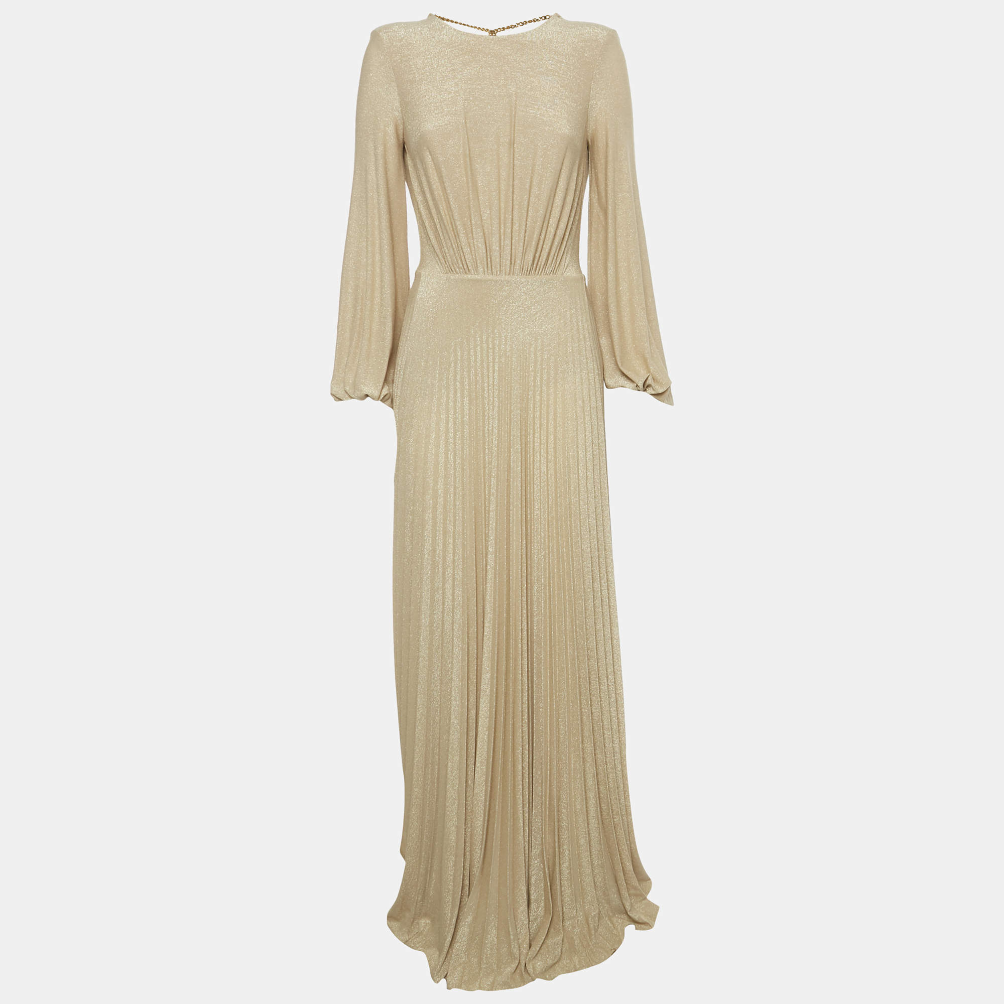 Pre Owned Elisabetta Franchi Beige Lurex Knit Plisse Maxi Dress S