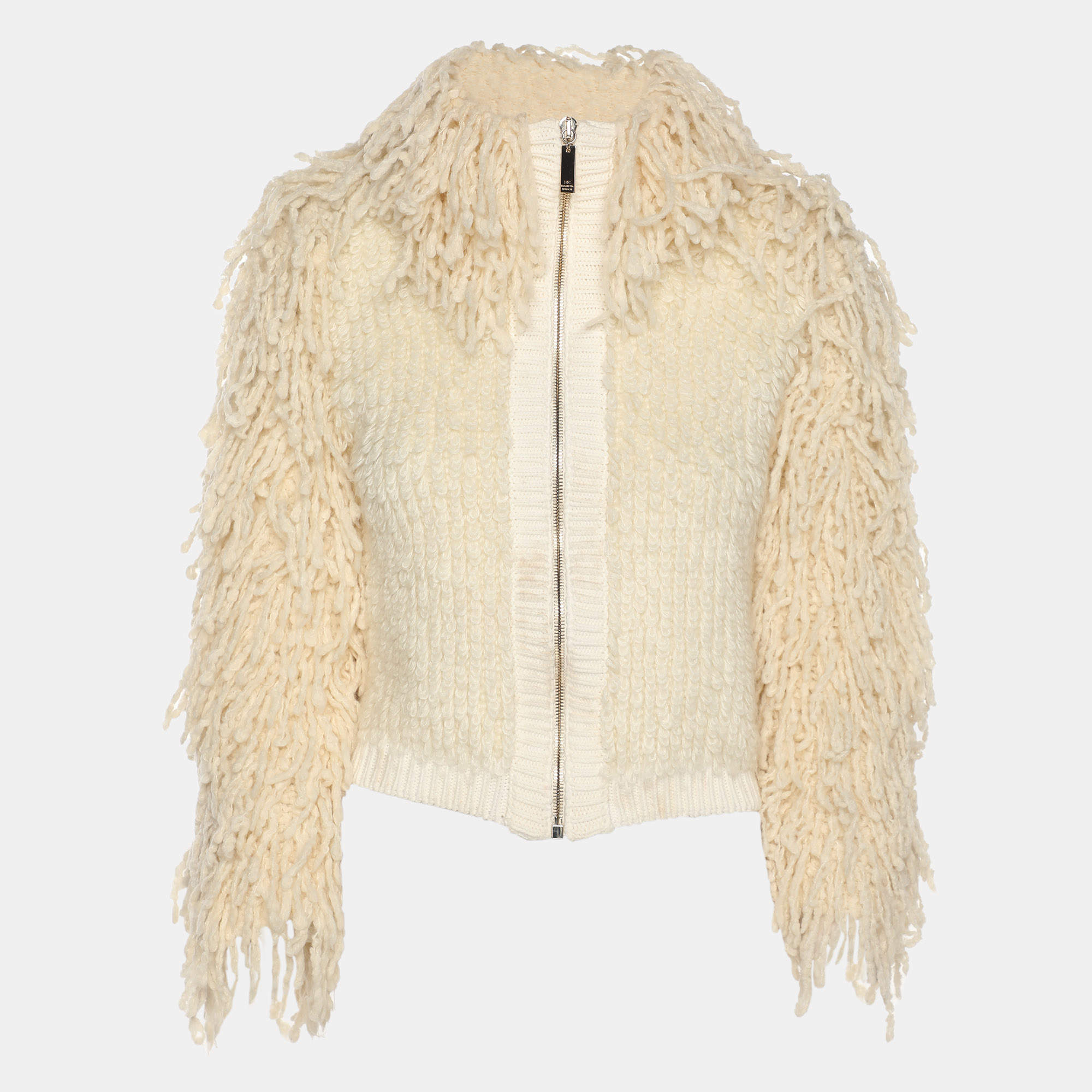 Pre Owned Elisabetta Franchi Cream Knitted Mohair Blend Fringes Cropped Jacket S