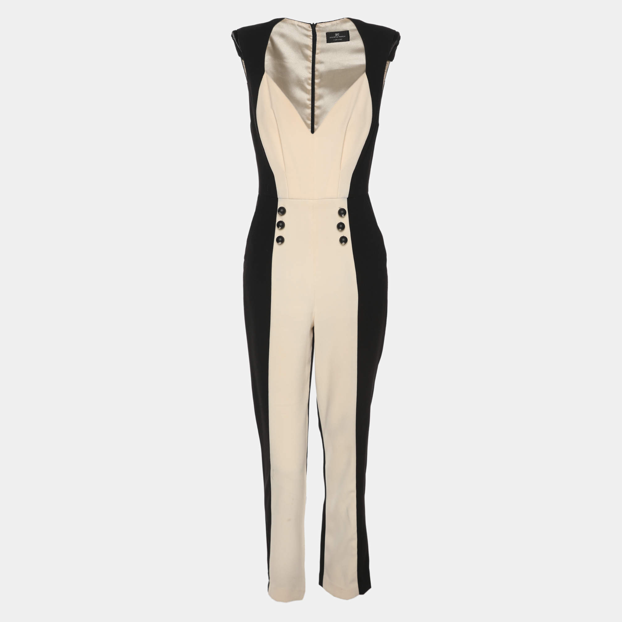 Pre Owned Elisabetta Franchi Black/Cream Crepe Jumpsuit S