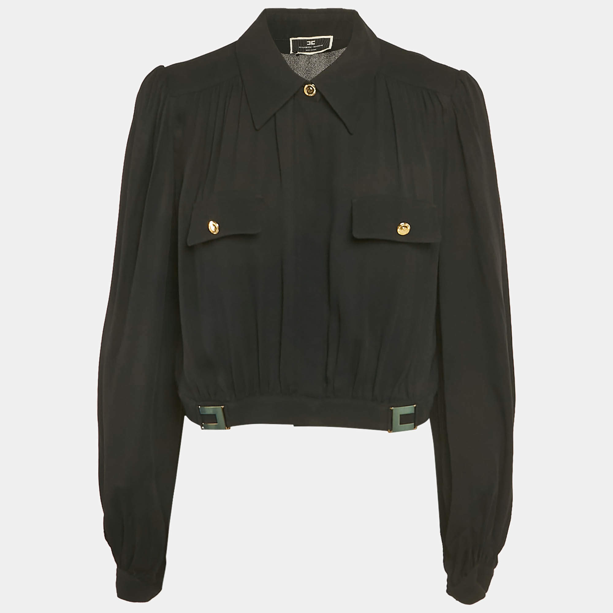 Pre Owned Elisabetta Franchi Black Georgette Buckle Detail Crop Shirt L