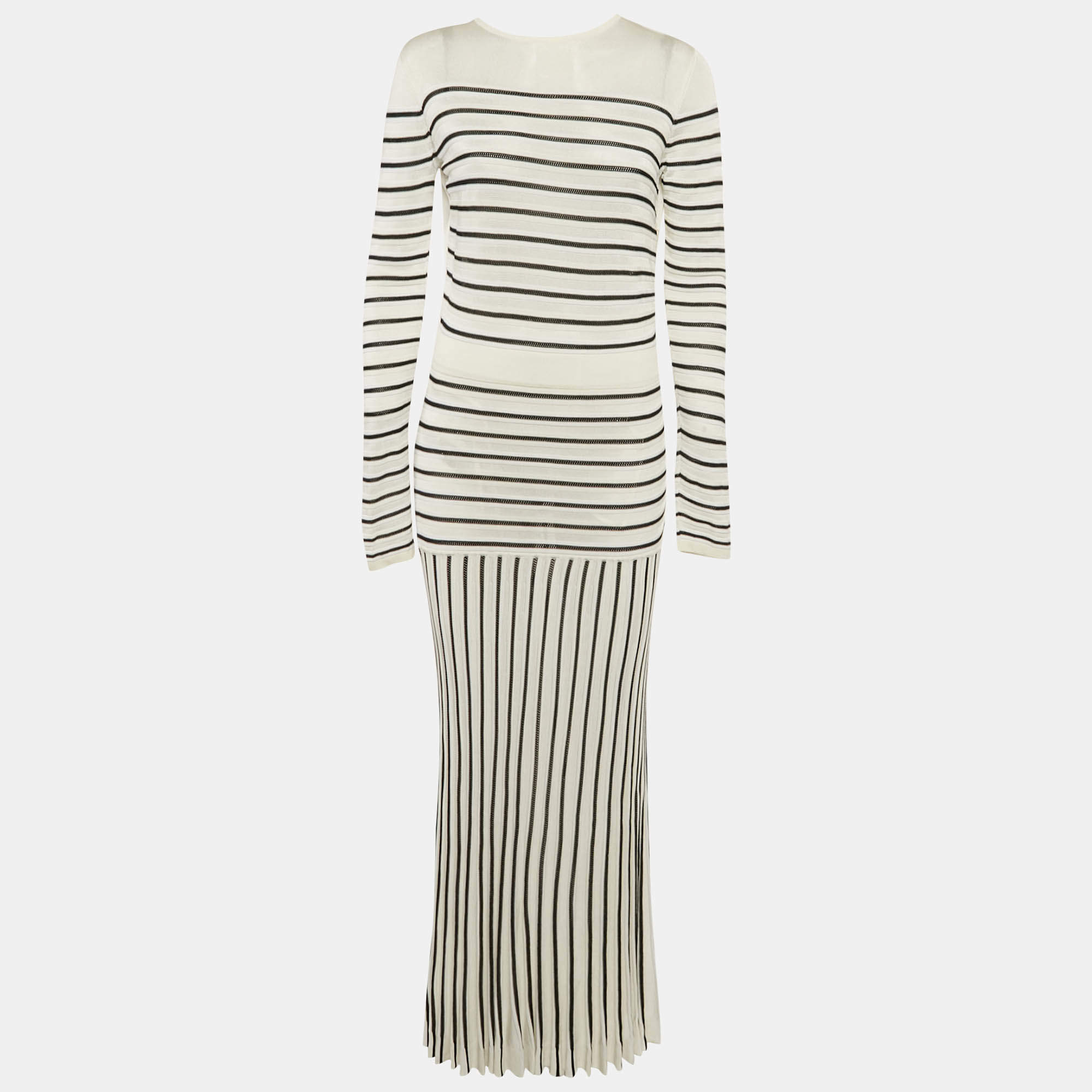 Pre Owned Elisabetta Franchi White Striped Knit Open Back Maxi Dress M