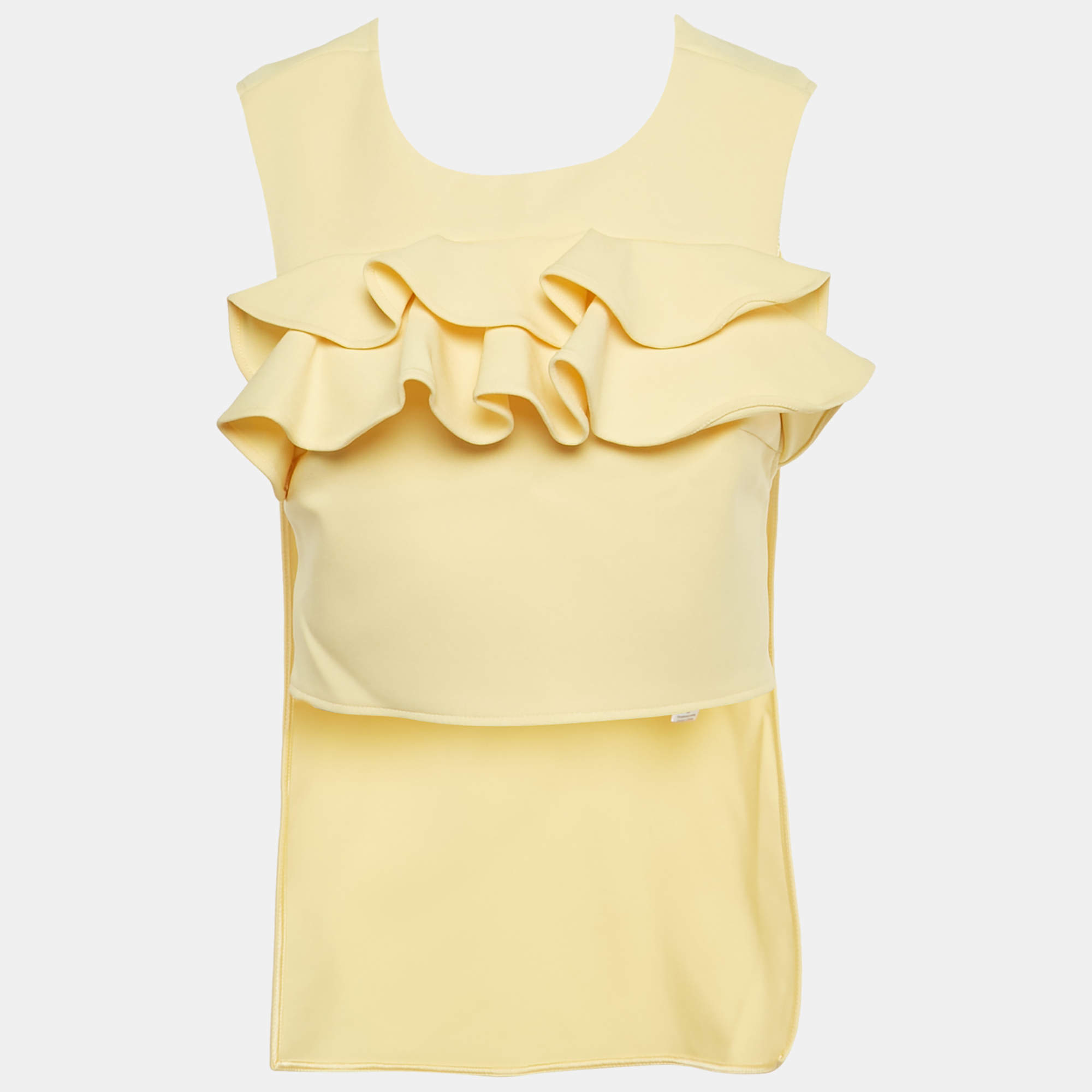 Pre Owned Elisabetta Franchi Yellow Crepe Ruffled High-Low Top S