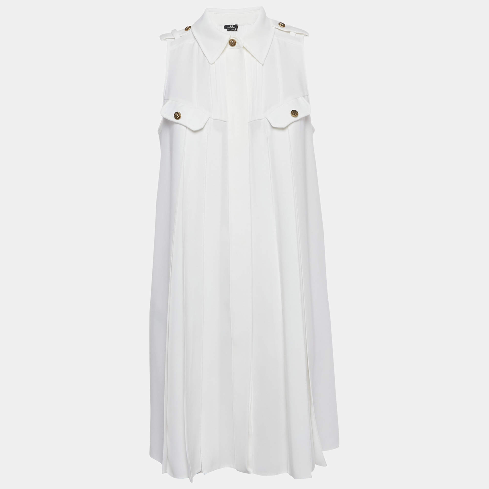 Pre Owned Elisabetta Franchi White Crepe Pleated Mini Shirt Dress M