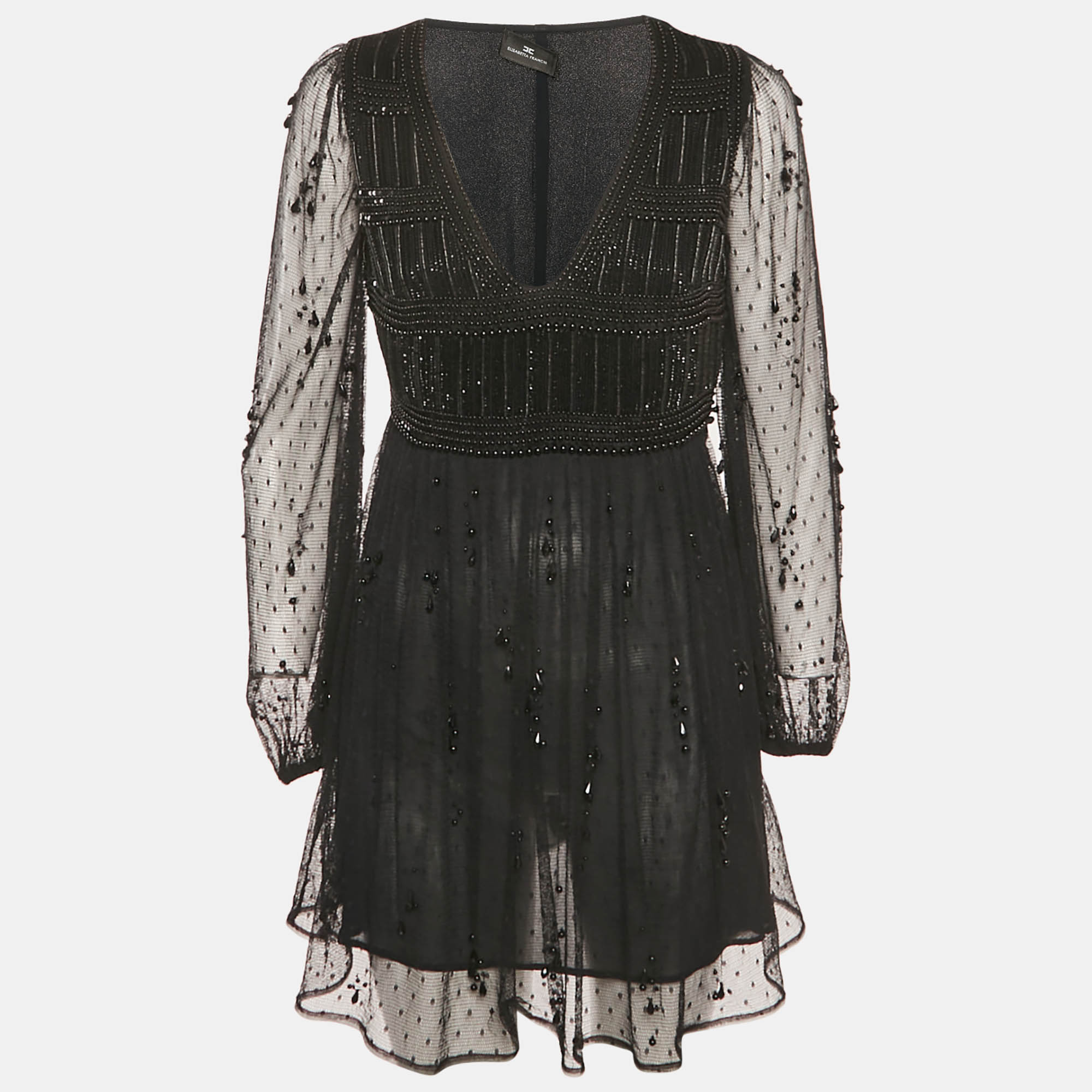 Pre Owned Elisabetta Franchi Black Tulle Embellished Mini Dress M