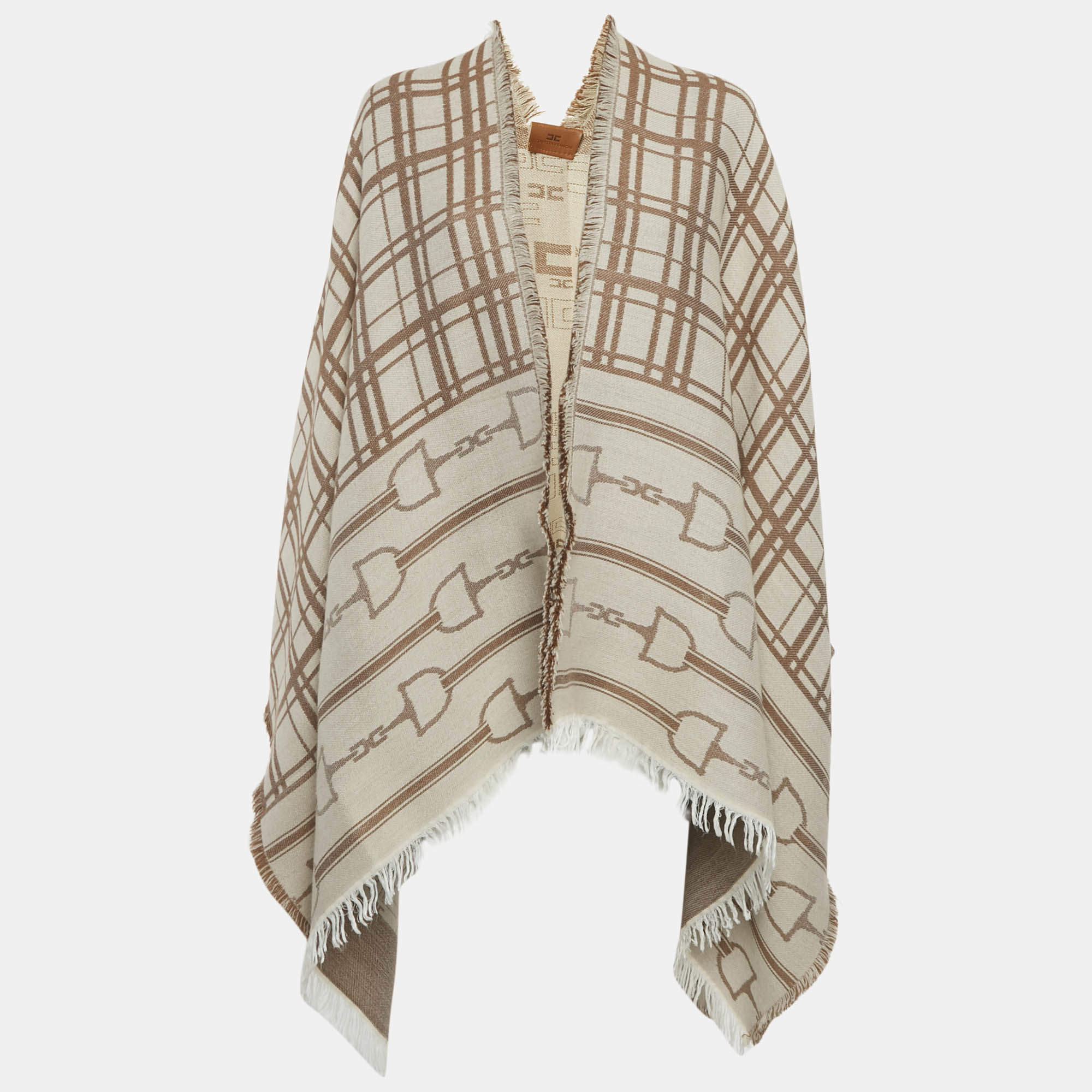 مملوكة مسبقًا Elisabetta Franchi Beige Monogram Jacquard Cape One Size
