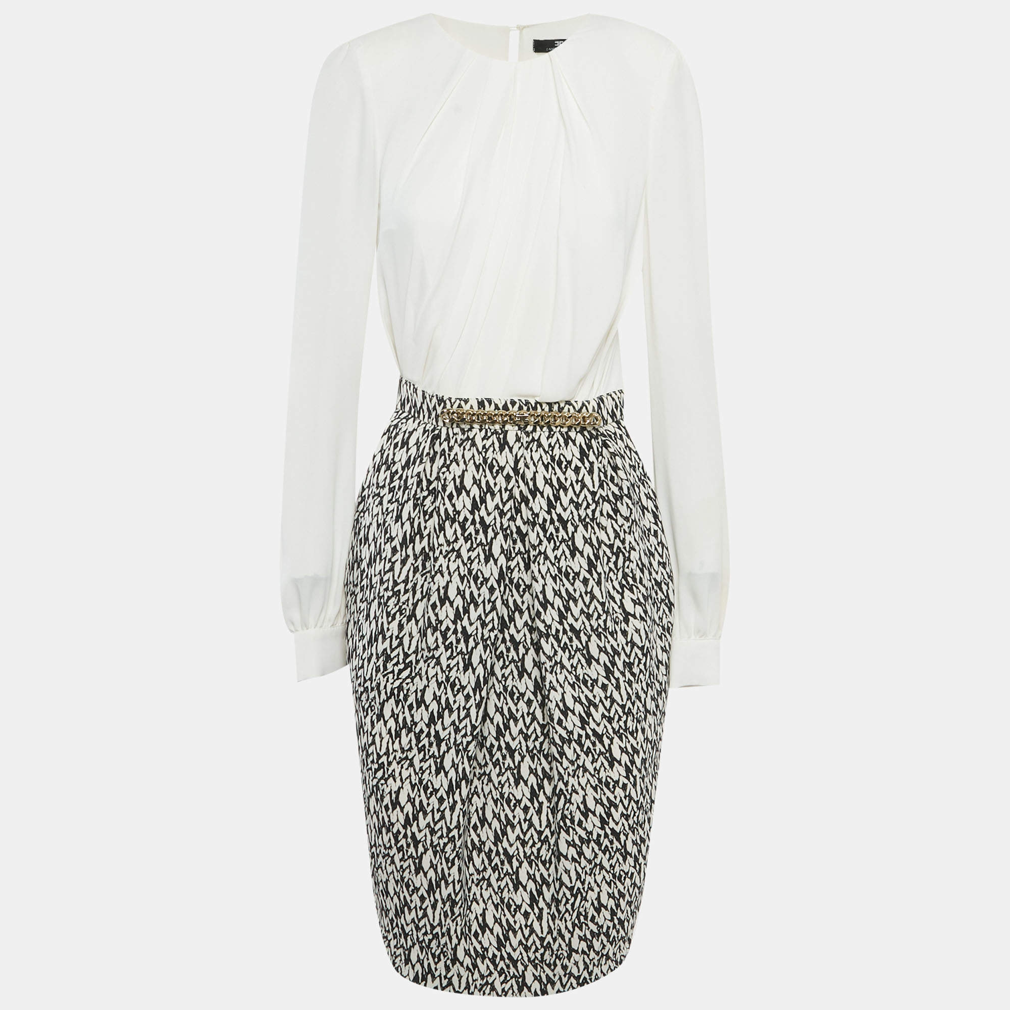 Pre Owned فستان إليزابيتا فرانشي أبيض ومطبوع كريب متوسط الطول مقاس متوسط - ميديم