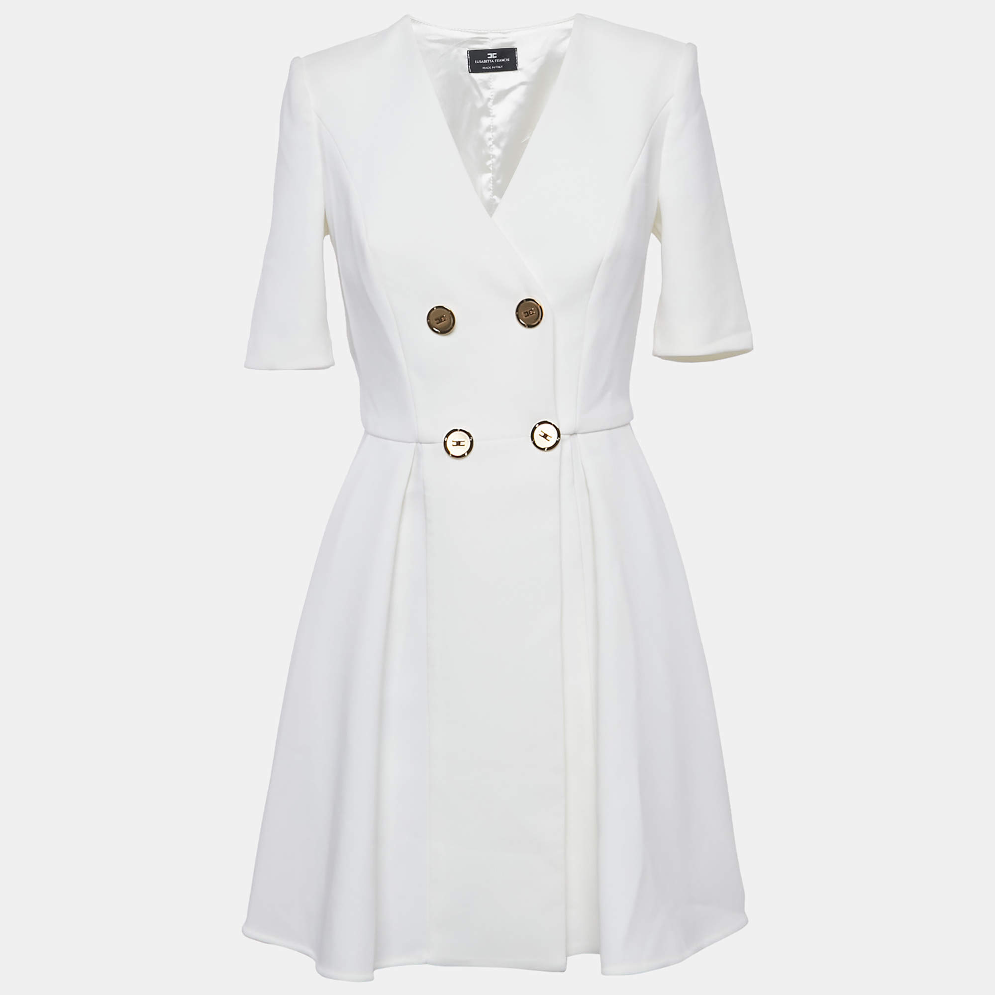 Pre Owned فستان إليزابيتا فرانشي أبيض مزدوج الصدر قصير مقاس صغير